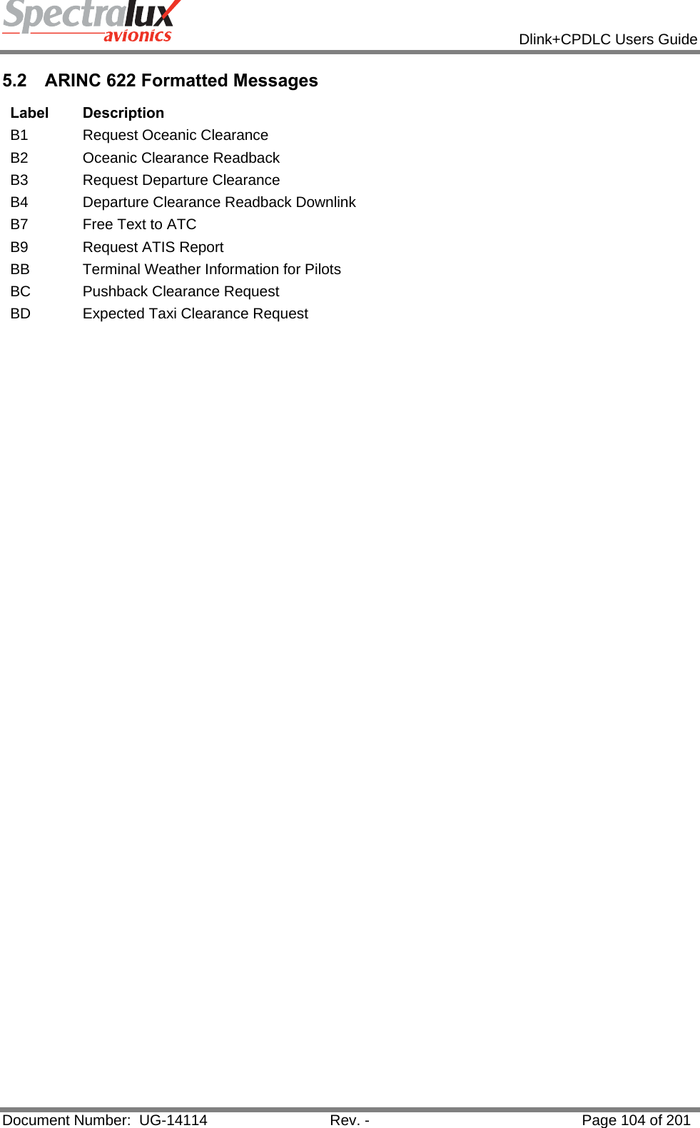            Dlink+CPDLC Users Guide  Document Number:  UG-14114  Rev. -  Page 104 of 201  5.2  ARINC 622 Formatted Messages Label Description B1 Request Oceanic Clearance B2  Oceanic Clearance Readback B3  Request Departure Clearance B4  Departure Clearance Readback Downlink B7  Free Text to ATC B9  Request ATIS Report BB  Terminal Weather Information for Pilots BC  Pushback Clearance Request BD  Expected Taxi Clearance Request   