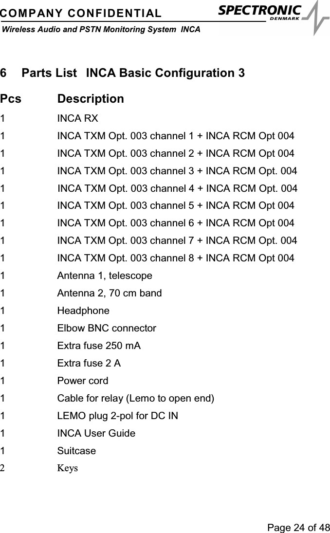 Page 24 of 48COMPANY CONFIDENTIALWireless Audio and PSTN Monitoring System INCA6 Parts List INCA Basic Configuration 3Pcs Description1 INCA RX1 INCA TXM Opt. 003 channel 1 + INCA RCM Opt 0041 INCA TXM Opt. 003 channel 2 + INCA RCM Opt 0041 INCA TXM Opt. 003 channel 3 + INCA RCM Opt. 0041 INCA TXM Opt. 003 channel 4 + INCA RCM Opt. 0041 INCA TXM Opt. 003 channel 5 + INCA RCM Opt 0041 INCA TXM Opt. 003 channel 6 + INCA RCM Opt 0041 INCA TXM Opt. 003 channel 7 + INCA RCM Opt. 0041 INCA TXM Opt. 003 channel 8 + INCA RCM Opt 0041 Antenna 1, telescope1 Antenna 2, 70 cm band1 Headphone1 Elbow BNC connector1 Extra fuse 250 mA1 Extra fuse 2 A1Powercord1 Cable for relay (Lemo to open end)1 LEMO plug 2-pol for DC IN1 INCA User Guide1 Suitcase2Keys