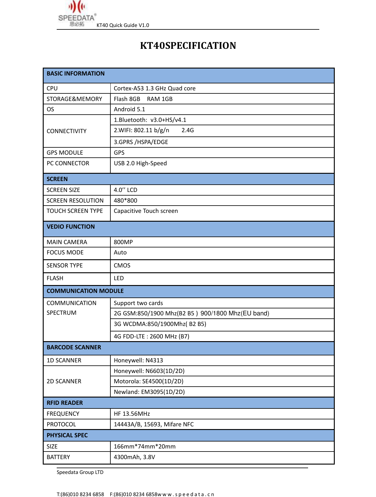 KT40 Quick Guide V1.0Speedata Group LTDT:(86)010 8234 6858 F:(86)010 8234 6858w w w . s p e e d a t a . c nKT40SPECIFICATIONBASIC INFORMATIONCPU Cortex-A53 1.3 GHz Quad coreSTORAGE&amp;MEMORY Flash 8GB RAM 1GBOS Android 5.1CONNECTIVITY1.Bluetooth: v3.0+HS/v4.12.WIFI: 802.11 b/g/n 2.4G3.GPRS /HSPA/EDGEGPS MODULE GPSPC CONNECTOR USB 2.0 High-SpeedSCREENSCREEN SIZE 4.0&rsquo;&rsquo; LCDSCREEN RESOLUTION 480*800TOUCH SCREEN TYPE Capacitive Touch screenVEDIO FUNCTIONMAIN CAMERA 800MPFOCUS MODE AutoSENSOR TYPE CMOSFLASH LEDCOMMUNICATION MODULECOMMUNICATIONSPECTRUMSupport two cards2G GSM:850/1900 Mhz(B2 B5 )3G WCDMA:850/1900Mhz( B2 B5)4G FDD-LTE : 2600 MHz (B7)BARCODE SCANNER1D SCANNER Honeywell: N43132D SCANNERHoneywell: N6603(1D/2D)Motorola: SE4500(1D/2D)Newland: EM3095(1D/2D)RFID READERFREQUENCY HF 13.56MHzPROTOCOL 14443A/B, 15693, Mifare NFCPHYSICAL SPECSIZE 166mm*74mm*20mmBATTERY 4300mAh, 3.8V900/1800 Mhz(EU band)