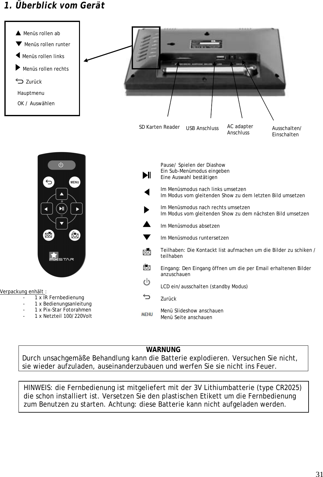   31  Menüs rollen ab   1. Überblick vom Gerät                                                  WARNUNG Durch unsachgemäße Behandlung kann die Batterie explodieren. Versuchen Sie nicht, sie wieder aufzuladen, auseinanderzubauen und werfen Sie sie nicht ins Feuer. HINWEIS: die Fernbedienung ist mitgeliefert mit der 3V Lithiumbatterie (type CR2025) die schon installiert ist. Versetzen Sie den plastischen Etikett um die Fernbedienung zum Benutzen zu starten. Achtung: diese Batterie kann nicht aufgeladen werden. Pause/ Spielen der Diashow Ein Sub-Menümodus eingeben Eine Auswahl bestätigen  Im Menüsmodus nach links umsetzen Im Modus vom gleitenden Show zu dem letzten Bild umsetzen  Im Menüsmodus nach rechts umsetzen Im Modus vom gleitenden Show zu dem nächsten Bild umsetzen  Im Menüsmodus absetzen  Im Menüsmodus runtersetzen  Teilhaben: Die Kontackt list aufmachen um die Bilder zu schiken / teilhaben  Eingang: Den Eingang öffnen um die per Email erhaltenen Bilder anzuschauen  LCD ein/ausschalten (standby Modus)  Zurück  Menü Slideshow anschauen Menü Seite anschauen                             Verpackung enhält : - 1 x IR Fernbedienung - 1 x Bedienungsanleitung - 1 x Pix-Star Fotorahmen - 1 x Netzteil 100/220Volt  OK / Auswählen SD Karten Reader   Menüs rollen links Ausschalten/ Einschalten  Zurück AC adapter Anschluss Hauptmenu USB Anschluss   Menüs rollen runter   Menüs rollen rechts   