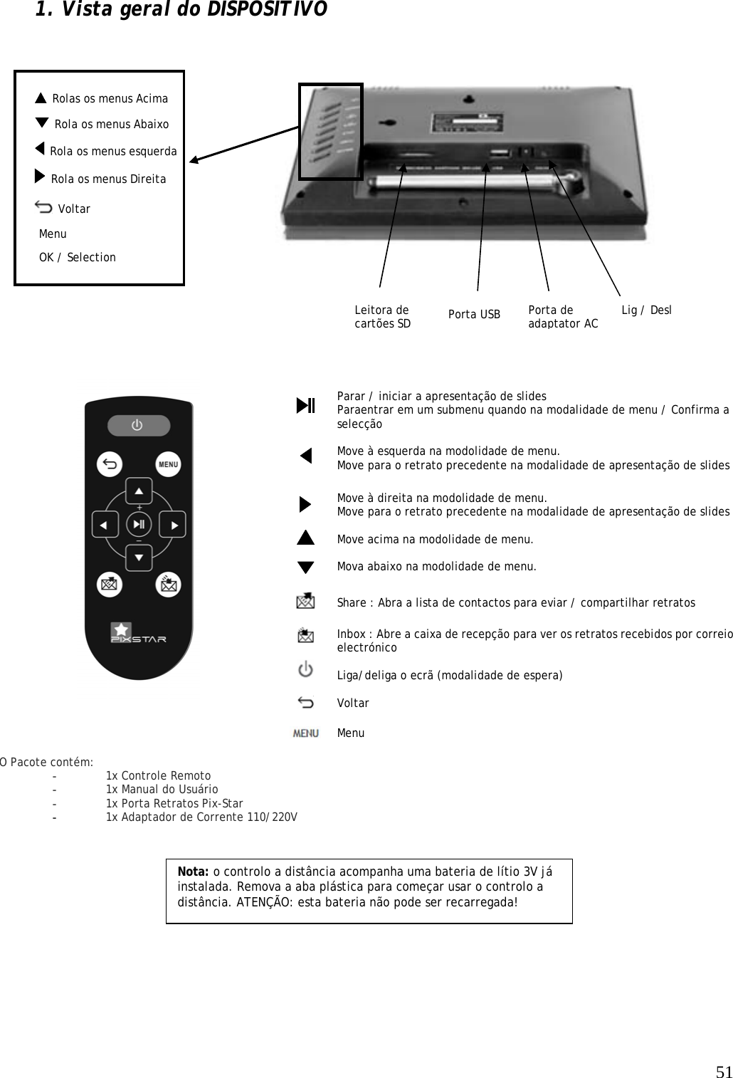   51  Rolas os menus Acima   1. Vista geral do DISPOSITIVO                        Nota: o controlo a distância acompanha uma bateria de lítio 3V já instalada. Remova a aba plástica para começar usar o controlo a distância. ATENÇÃO: esta bateria não pode ser recarregada!  Parar / iniciar a apresentação de slides Paraentrar em um submenu quando na modalidade de menu / Confirma a selecção  Move à esquerda na modolidade de menu. Move para o retrato precedente na modalidade de apresentação de slides  Move à direita na modolidade de menu. Move para o retrato precedente na modalidade de apresentação de slides  Move acima na modolidade de menu.   Mova abaixo na modolidade de menu.    Share : Abra a lista de contactos para eviar / compartilhar retratos  Inbox : Abre a caixa de recepção para ver os retratos recebidos por correio electrónico  Liga/deliga o ecrã (modalidade de espera)  Voltar  Menu                            O Pacote contém: - 1x Controle Remoto - 1x Manual do Usuário - 1x Porta Retratos Pix-Star - 1x Adaptador de Corrente 110/220V  OK / Selection Leitora de cartões SD   Rola os menus esquerda Lig / Desl   Voltar Porta de adaptator AC Menu Porta USB   Rola os menus Abaixo   Rola os menus Direita   