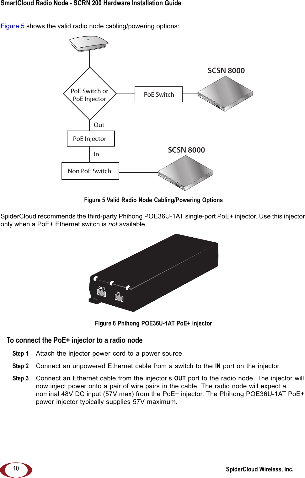 SmartCloud Radio Node - SCRN 200 Hardware Installation Guide SpiderCloud Wireless, Inc.10Figure 5 shows the valid radio node cabling/powering options:Figure 5 Valid Radio Node Cabling/Powering OptionsSpiderCloud recommends the third-party Phihong POE36U-1AT single-port PoE+ injector. Use this injector only when a PoE+ Ethernet switch is not available. Figure 6 Phihong POE36U-1AT PoE+ InjectorTo connect the PoE+ injector to a radio nodeStep 1  Attach the injector power cord to a power source.Step 2  Connect an unpowered Ethernet cable from a switch to the IN port on the injector. Step 3  Connect an Ethernet cable from the injector’s OUT port to the radio node. The injector will now inject power onto a pair of wire pairs in the cable. The radio node will expect a nominal 48V DC input (57V max) from the PoE+ injector. The Phihong POE36U-1AT PoE+ power injector typically supplies 57V maximum.SCSN 8000PoE SwitchOutIn SCSN 8000PoE Switch orPoE InjectorPoE InjectorNon PoE SwitchOUT INCONNECT PoEPLUS ON