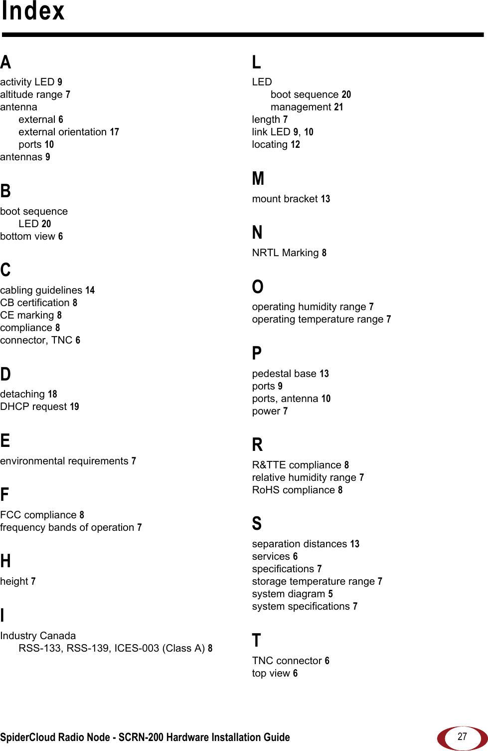 SpiderCloud Radio Node - SCRN-200 Hardware Installation Guide 27Aactivity LED 9altitude range 7antennaexternal 6external orientation 17ports 10antennas 9Bboot sequenceLED 20bottom view 6Ccabling guidelines 14CB certification 8CE marking 8compliance 8connector, TNC 6Ddetaching 18DHCP request 19Eenvironmental requirements 7FFCC compliance 8frequency bands of operation 7Hheight 7IIndustry CanadaRSS-133, RSS-139, ICES-003 (Class A) 8LLEDboot sequence 20management 21length 7link LED 9, 10locating 12Mmount bracket 13NNRTL Marking 8Ooperating humidity range 7operating temperature range 7Ppedestal base 13ports 9ports, antenna 10power 7RR&amp;TTE compliance 8relative humidity range 7RoHS compliance 8Sseparation distances 13services 6specifications 7storage temperature range 7system diagram 5system specifications 7TTNC connector 6top view 6Index