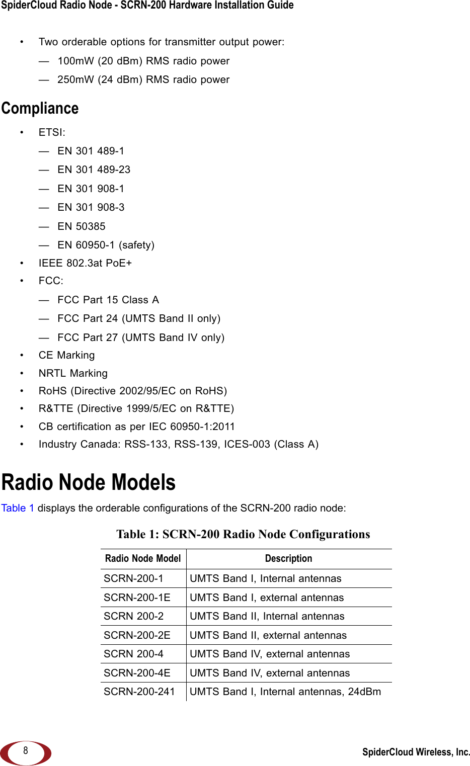 SpiderCloud Radio Node - SCRN-200 Hardware Installation Guide SpiderCloud Wireless, Inc.8• Two orderable options for transmitter output power: — 100mW (20 dBm) RMS radio power— 250mW (24 dBm) RMS radio powerCompliance•ETSI:— EN 301 489-1— EN 301 489-23— EN 301 908-1— EN 301 908-3— EN 50385— EN 60950-1 (safety)• IEEE 802.3at PoE+• FCC:— FCC Part 15 Class A— FCC Part 24 (UMTS Band II only)— FCC Part 27 (UMTS Band IV only)•CE Marking• NRTL Marking• RoHS (Directive 2002/95/EC on RoHS)• R&amp;TTE (Directive 1999/5/EC on R&amp;TTE)• CB certification as per IEC 60950-1:2011 • Industry Canada: RSS-133, RSS-139, ICES-003 (Class A)Radio Node ModelsTabl e 1  displays the orderable configurations of the SCRN-200 radio node: Table 1: SCRN-200 Radio Node Configurations Radio Node Model DescriptionSCRN-200-1 UMTS Band I, Internal antennasSCRN-200-1E UMTS Band I, external antennasSCRN 200-2 UMTS Band II, Internal antennasSCRN-200-2E UMTS Band II, external antennasSCRN 200-4 UMTS Band IV, external antennasSCRN-200-4E UMTS Band IV, external antennasSCRN-200-241 UMTS Band I, Internal antennas, 24dBm