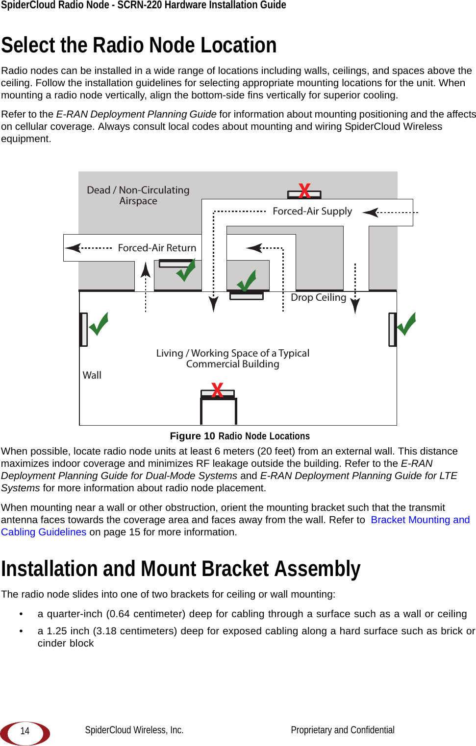 SpiderCloud Radio Node - SCRN-220 Hardware Installation Guide 14Select the Radio Node LocationRadio nodes can be installed in a wide range of locations including walls, ceilings, and spaces above the ceiling. Follow the installation guidelines for selecting appropriate mounting locations for the unit. When mounting a radio node vertically, align the bottom-side fins vertically for superior cooling. Refer to the E-RAN Deployment Planning Guide for information about mounting positioning and the affects on cellular coverage. Always consult local codes about mounting and wiring SpiderCloud Wireless equipment. Figure 10 Radio Node LocationsWhen possible, locate radio node units at least 6 meters (20 feet) from an external wall. This distance maximizes indoor coverage and minimizes RF leakage outside the building. Refer to the E-RAN Deployment Planning Guide for Dual-Mode Systems and E-RAN Deployment Planning Guide for LTE Systems for more information about radio node placement.When mounting near a wall or other obstruction, orient the mounting bracket such that the transmit antenna faces towards the coverage area and faces away from the wall. Refer to  Bracket Mounting and Cabling Guidelines on page 15 for more information.Installation and Mount Bracket AssemblyThe radio node slides into one of two brackets for ceiling or wall mounting:• a quarter-inch (0.64 centimeter) deep for cabling through a surface such as a wall or ceiling• a 1.25 inch (3.18 centimeters) deep for exposed cabling along a hard surface such as brick or cinder blockDead / Non-CirculatingAirspaceLiving / Working Space of a TypicalCommercial BuildingDrop CeilingWallForced-Air SupplyForced-Air ReturnXXSpiderCloud Wireless, Inc.                                              Proprietary and Confidential