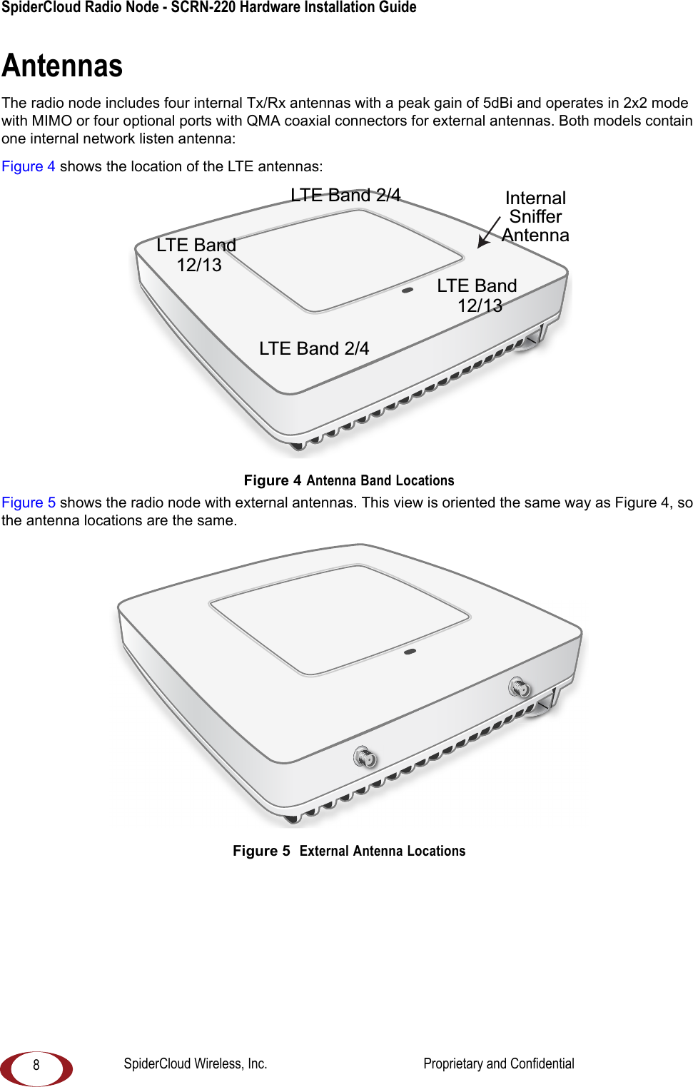SpiderCloud Radio Node - SCRN-220 Hardware Installation Guide 8AntennasThe radio node includes four internal Tx/Rx antennas with a peak gain of 5dBi and operates in 2x2 mode with MIMO or four optional ports with QMA coaxial connectors for external antennas. Both models contain one internal network listen antenna:Figure 4 shows the location of the LTE antennas: Figure 4 Antenna Band LocationsFigure 5 shows the radio node with external antennas. This view is oriented the same way as Figure 4, so the antenna locations are the same.Figure 5 External Antenna LocationsLTE Band 12/13LTE Band 2/4LTE Band 2/4InternalSnifferAntennaLTE Band 12/13SpiderCloud Wireless, Inc. Proprietary and Confidential
