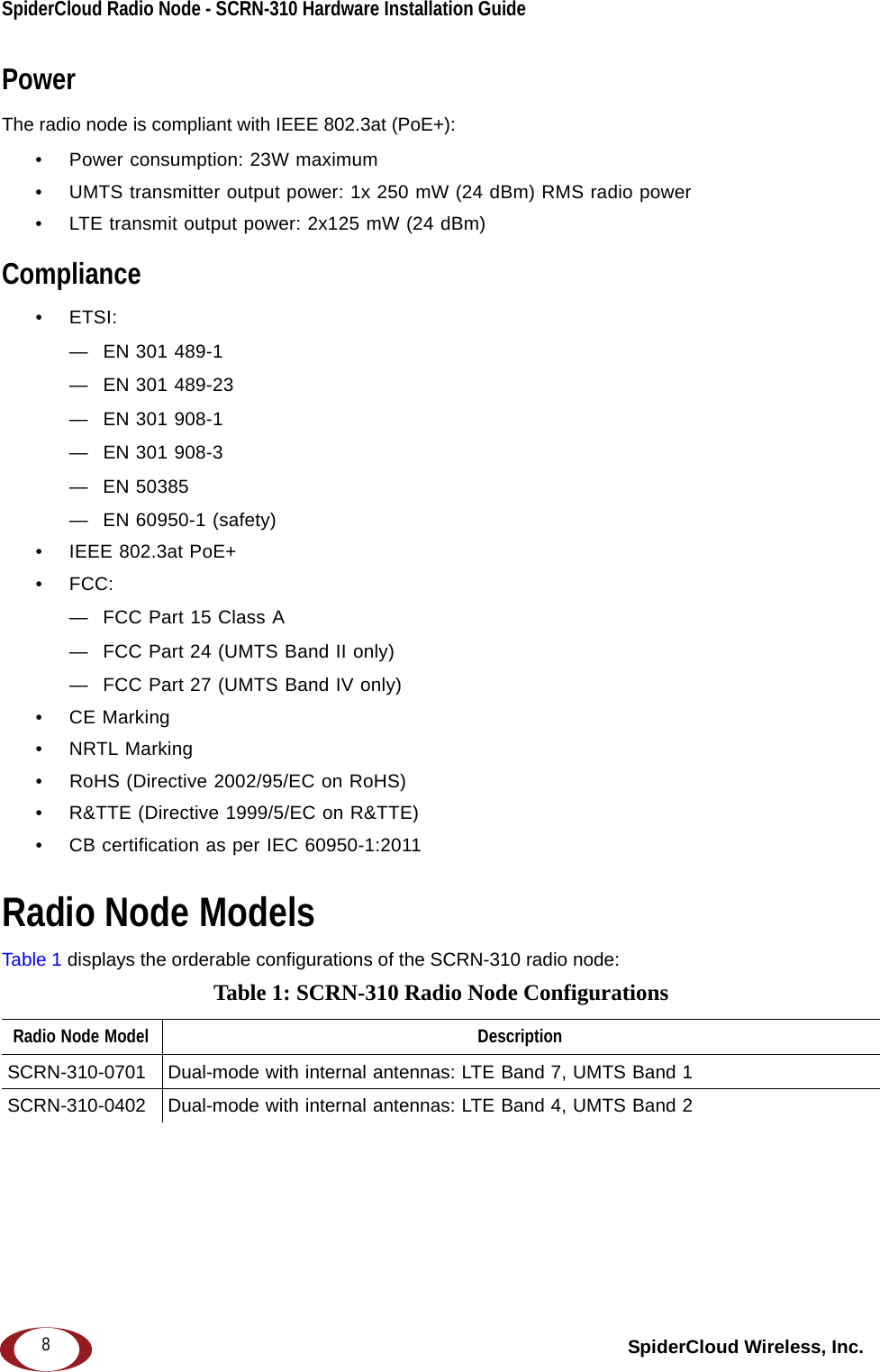 SpiderCloud Radio Node - SCRN-310 Hardware Installation Guide SpiderCloud Wireless, Inc.8PowerThe radio node is compliant with IEEE 802.3at (PoE+):• Power consumption: 23W maximum• UMTS transmitter output power: 1x 250 mW (24 dBm) RMS radio power• LTE transmit output power: 2x125 mW (24 dBm)Compliance•ETSI:— EN 301 489-1— EN 301 489-23— EN 301 908-1— EN 301 908-3— EN 50385— EN 60950-1 (safety)• IEEE 802.3at PoE+• FCC:— FCC Part 15 Class A— FCC Part 24 (UMTS Band II only)— FCC Part 27 (UMTS Band IV only)•CE Marking• NRTL Marking• RoHS (Directive 2002/95/EC on RoHS)• R&amp;TTE (Directive 1999/5/EC on R&amp;TTE)• CB certification as per IEC 60950-1:2011 Radio Node ModelsTable 1 displays the orderable configurations of the SCRN-310 radio node: Table 1: SCRN-310 Radio Node ConfigurationsRadio Node Model DescriptionSCRN-310-0701 Dual-mode with internal antennas: LTE Band 7, UMTS Band 1SCRN-310-0402 Dual-mode with internal antennas: LTE Band 4, UMTS Band 2