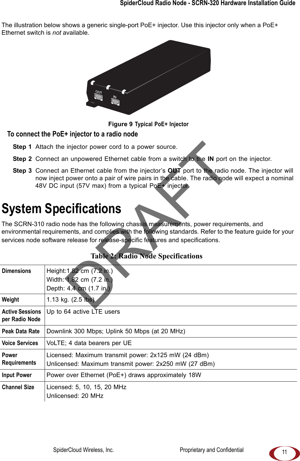 SpiderCloud Radio Node - SCRN-320 Hardware Installation Guide11The illustration below shows a generic single-port PoE+ injector. Use this injector only when a PoE+ Ethernet switch is not available. Figure 9 Typical PoE+ InjectorTo connect the PoE+ injector to a radio nodeStep 1 Attach the injector power cord to a power source.Step 2 Connect an unpowered Ethernet cable from a switch to the IN port on the injector. Step 3 Connect an Ethernet cable from the injector’s OUT port to the radio node. The injector will now inject power onto a pair of wire pairs in the cable. The radio node will expect a nominal 48V DC input (57V max) from a typical PoE+ injector.System SpecificationsThe SCRN-310 radio node has the following chassis measurements, power requirements, and environmental requirements, and complies with the following standards. Refer to the feature guide for your services node software release for release-specific features and specifications. Table 2: Radio Node Specifications Dimensions Height:1.82 cm (7.2 in.)Width: 1.82 cm (7.2 in.)Depth: 4.4 cm (1.7 in.)Weight 1.13 kg. (2.5 lbs)Active Sessions per Radio NodeUp to 64 active LTE usersPeak Data Rate Downlink 300 Mbps; Uplink 50 Mbps (at 20 MHz)Voice Services VoLTE; 4 data bearers per UEPower RequirementsLicensed: Maximum transmit power: 2x125 mW (24 dBm)Unlicensed: Maximum transmit power: 2x250 mW (27 dBm)Input Power Power over Ethernet (PoE+) draws approximately 18WChannel Size Licensed: 5, 10, 15, 20 MHzUnlicensed: 20 MHzOUT INCONNECT PoEPLUS ONDRAFTSpiderCloud Wireless, Inc. Proprietary and Confidential