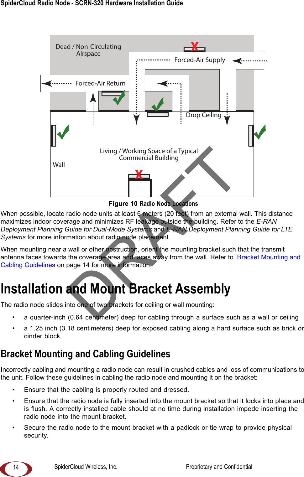 SpiderCloud Radio Node - SCRN-320 Hardware Installation Guide 14 Figure 10 Radio Node LocationsWhen possible, locate radio node units at least 6 meters (20 feet) from an external wall. This distance maximizes indoor coverage and minimizes RF leakage outside the building. Refer to the E-RAN Deployment Planning Guide for Dual-Mode Systems and E-RAN Deployment Planning Guide for LTE Systems for more information about radio node placement.When mounting near a wall or other obstruction, orient the mounting bracket such that the transmit antenna faces towards the coverage area and faces away from the wall. Refer to Bracket Mounting and Cabling Guidelines on page 14 for more information.Installation and Mount Bracket AssemblyThe radio node slides into one of two brackets for ceiling or wall mounting:• a quarter-inch (0.64 centimeter) deep for cabling through a surface such as a wall or ceiling• a 1.25 inch (3.18 centimeters) deep for exposed cabling along a hard surface such as brick or cinder blockBracket Mounting and Cabling GuidelinesIncorrectly cabling and mounting a radio node can result in crushed cables and loss of communications to the unit. Follow these guidelines in cabling the radio node and mounting it on the bracket:• Ensure that the cabling is properly routed and dressed. • Ensure that the radio node is fully inserted into the mount bracket so that it locks into place and is flush. A correctly installed cable should at no time during installation impede inserting the radio node into the mount bracket. • Secure the radio node to the mount bracket with a padlock or tie wrap to provide physical security.Dead / Non-CirculatingAirspaceLiving / Working Space of a TypicalCommercial BuildingDrop CeilingWallForced-Air SupplyForced-Air ReturnXXDRAFTSpiderCloud Wireless, Inc. Proprietary and Confidential