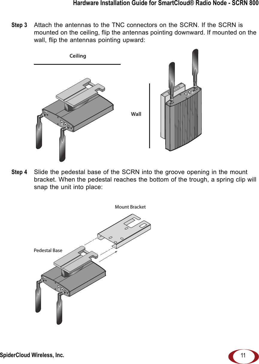 SpiderCloud Wireless, Inc.Hardware Installation Guide for SmartCloud® Radio Node - SCRN 80011Step 3  Attach the antennas to the TNC connectors on the SCRN. If the SCRN is mounted on the ceiling, flip the antennas pointing downward. If mounted on the wall, flip the antennas pointing upward:Step 4  Slide the pedestal base of the SCRN into the groove opening in the mount bracket. When the pedestal reaches the bottom of the trough, a spring clip will snap the unit into place:ANT BANT AETHERNETCONSOLEANT BANT AETHERNET CONSOLECeilingWallMount BracketPedestal BaseANT BANT AETHERNETCONSOLE