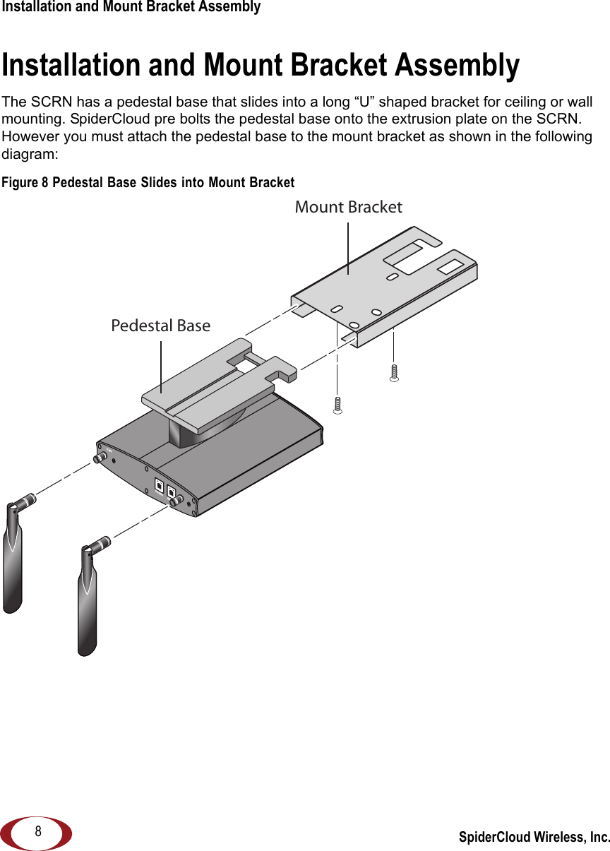 SpiderCloud Wireless, Inc.Installation and Mount Bracket Assembly   8Installation and Mount Bracket AssemblyThe SCRN has a pedestal base that slides into a long “U” shaped bracket for ceiling or wall mounting. SpiderCloud pre bolts the pedestal base onto the extrusion plate on the SCRN. However you must attach the pedestal base to the mount bracket as shown in the following diagram:Figure 8 Pedestal Base Slides into Mount BracketANT BANT AETHERNETCONSOLEMount BracketPedestal Base