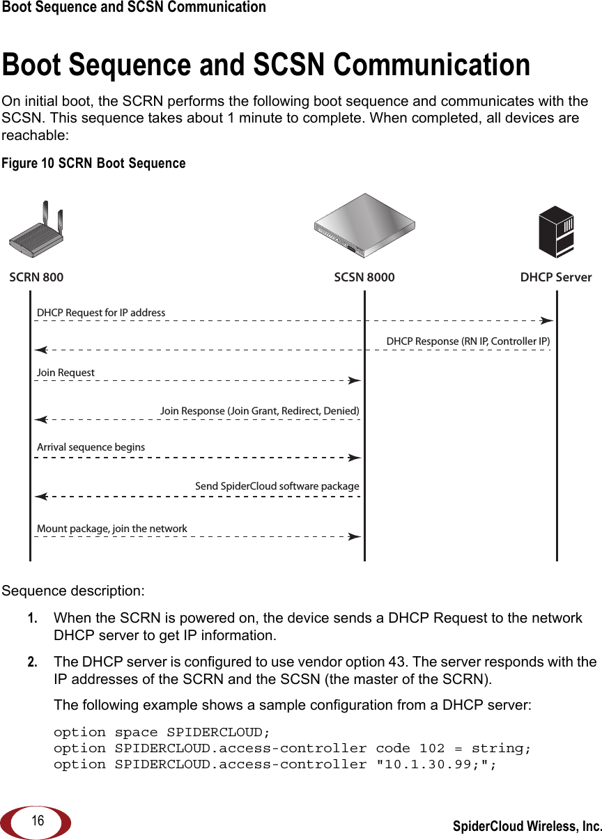 SpiderCloud Wireless, Inc.Boot Sequence and SCSN Communication   16Boot Sequence and SCSN CommunicationOn initial boot, the SCRN performs the following boot sequence and communicates with the SCSN. This sequence takes about 1 minute to complete. When completed, all devices are reachable:Figure 10 SCRN Boot SequenceSequence description:1.  When the SCRN is powered on, the device sends a DHCP Request to the network DHCP server to get IP information. 2.  The DHCP server is configured to use vendor option 43. The server responds with the IP addresses of the SCRN and the SCSN (the master of the SCRN).The following example shows a sample configuration from a DHCP server:option space SPIDERCLOUD;option SPIDERCLOUD.access-controller code 102 = string;option SPIDERCLOUD.access-controller &quot;10.1.30.99;&quot;;SCRN 800SCSN 8000 DHCP ServerRADIOSTATUSDHCP Request for IP addressDHCP Response (RN IP, Controller IP)Mount package, join the networkJoin RequestArrival sequence beginsJoin Response (Join Grant, Redirect, Denied)Send SpiderCloud software package