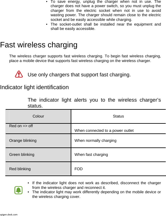 spigen.desk.com•  To save energy, unplug the charger when not in use. The charger does not have a power switch, so you must unplug the charger from the electric socket when not in use to avoid wasting power. The charger should remain close to the electric socket and be easily accessible while charging. •  The socket-outlet shall be installed near the equipment and shall be easily accessible.  Fast wireless charging  The wireless charger supports fast wireless charging. To begin fast wireless charging, place a mobile device that supports fast wireless charging on the wireless charger. Use only chargers that support fast charging.  Indicator light identification  The indicator light alerts you to the wireless charger’s status.  Colour   Status Red on =&gt; off   When connected to a power outlet  Orange blinking   When normally charging  Green blinking   When fast charging  Red blinking    FOD   •   If the indicator light does not work as described, disconnect the charger from the wireless charger and reconnect it.•   The indicator light may work differently depending on the mobile device or the wireless charging cover. 