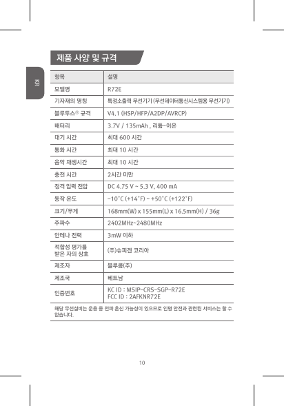 제품 사양 및 규격항목 설명모델명 R72E기자재의 명칭특정소출력 무선기기 (무선데이터통신시스템용 무선기기)블루투스® 규격 V4.1 (HSP/HFP/A2DP/AVRCP)배터리 3.7V / 135mAh , 리튬-이온대기 시간 최대 600 시간통화 시간 최대 10 시간음악 재생시간 최대 10 시간충전 시간 2시간 미만정격 입력 전압 DC 4.75 V ~ 5.3 V, 400 mA동작 온도 -10°C (+14°F) ~ +50°C (+122°F)크기/무게 168mm(W) x 155mm(L) x 16.5mm(H) / 36g주파수 2402MHz~2480MHz 안테나 전력 3mW 이하적합성 평가를받은 자의 상호 (주)슈피겐 코리아제조자 블루콤(주)제조국 베트남인증번호 KC ID : MSIP-CRS-SGP-R72E FCC ID : 2AFKNR72E해당 무선설비는 운용 중 전파 혼신 가능성이 있으므로 인명 안전과 관련된 서비스는 할 수  없습니다.10KR