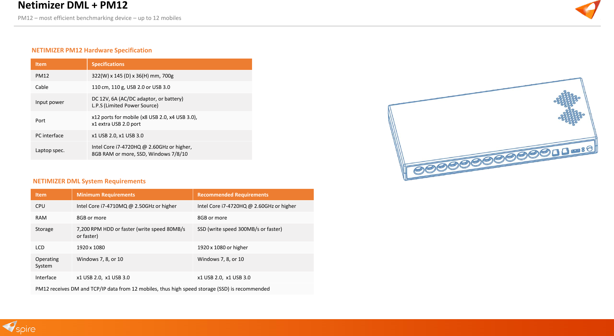 Netimizer DML + PM12 PM12 &ndash; most efficient benchmarking device &ndash; up to 12 mobiles Item Minimum Requirements Recommended Requirements CPU Intel Core i7-4710MQ @ 2.50GHz or higher Intel Core i7-4720HQ @ 2.60GHz or higher RAM 8GB or more 8GB or more Storage 7,200 RPM HDD or faster (write speed 80MB/s or faster) SSD (write speed 300MB/s or faster) LCD 1920 x 1080 1920 x 1080 or higher Operating System Windows 7, 8, or 10 Windows 7, 8, or 10 Interface x1 USB 2.0,  x1 USB 3.0 x1 USB 2.0,  x1 USB 3.0 PM12 receives DM and TCP/IP data from 12 mobiles, thus high speed storage (SSD) is recommended NETIMIZER DML System Requirements Item Specifications PM12 322(W) x 145 (D) x 36(H) mm, 700g Cable 110 cm, 110 g, USB 2.0 or USB 3.0 Input power DC 12V, 6A (AC/DC adaptor, or battery) L.P.S (Limited Power Source) Port x12 ports for mobile (x8 USB 2.0, x4 USB 3.0), x1 extra USB 2.0 port PC interface x1 USB 2.0, x1 USB 3.0 Laptop spec. Intel Core i7-4720HQ @ 2.60GHz or higher, 8GB RAM or more, SSD, Windows 7/8/10 NETIMIZER PM12 Hardware Specification 