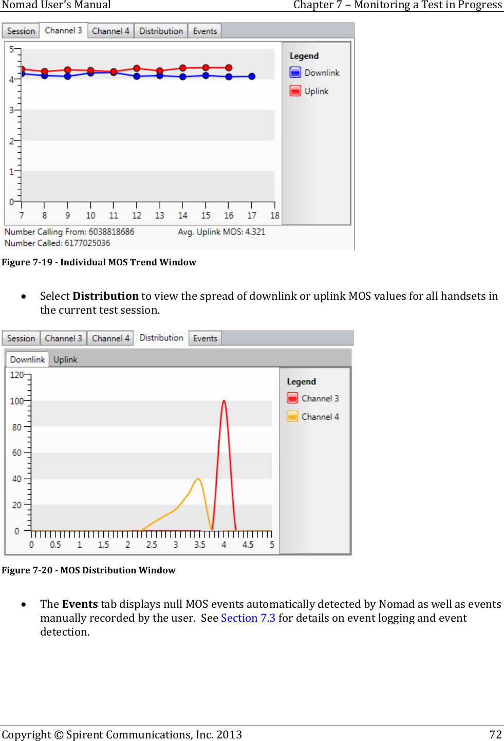  Nomad User’s Manual  Chapter 7 – Monitoring a Test in Progress Copyright © Spirent Communications, Inc. 2013    72   Figure 7-19 - Individual MOS Trend Window   Select Distribution to view the spread of downlink or uplink MOS values for all handsets in the current test session.    Figure 7-20 - MOS Distribution Window   The Events tab displays null MOS events automatically detected by Nomad as well as events manually recorded by the user.  See Section 7.3 for details on event logging and event detection.  