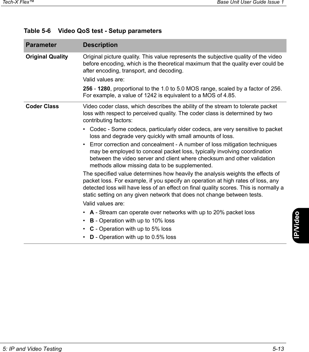  Tech-X Flex™ Base Unit User Guide Issue 1 5: IP and Video Testing 5-13IntroWi-Fi10/100SystemIP/VideoSpecsOriginal Quality Original picture quality. This value represents the subjective quality of the video before encoding, which is the theoretical maximum that the quality ever could be after encoding, transport, and decoding.Valid values are:256 - 1280, proportional to the 1.0 to 5.0 MOS range, scaled by a factor of 256. For example, a value of 1242 is equivalent to a MOS of 4.85.Coder Class Video coder class, which describes the ability of the stream to tolerate packet loss with respect to perceived quality. The coder class is determined by two contributing factors:• Codec - Some codecs, particularly older codecs, are very sensitive to packet loss and degrade very quickly with small amounts of loss.• Error correction and concealment - A number of loss mitigation techniques may be employed to conceal packet loss, typically involving coordination between the video server and client where checksum and other validation methods allow missing data to be supplemented.The specified value determines how heavily the analysis weights the effects of packet loss. For example, if you specify an operation at high rates of loss, any detected loss will have less of an effect on final quality scores. This is normally a static setting on any given network that does not change between tests.Valid values are:•A - Stream can operate over networks with up to 20% packet loss•B - Operation with up to 10% loss•C - Operation with up to 5% loss•D - Operation with up to 0.5% lossTable 5-6 Video QoS test - Setup parametersParameter Description