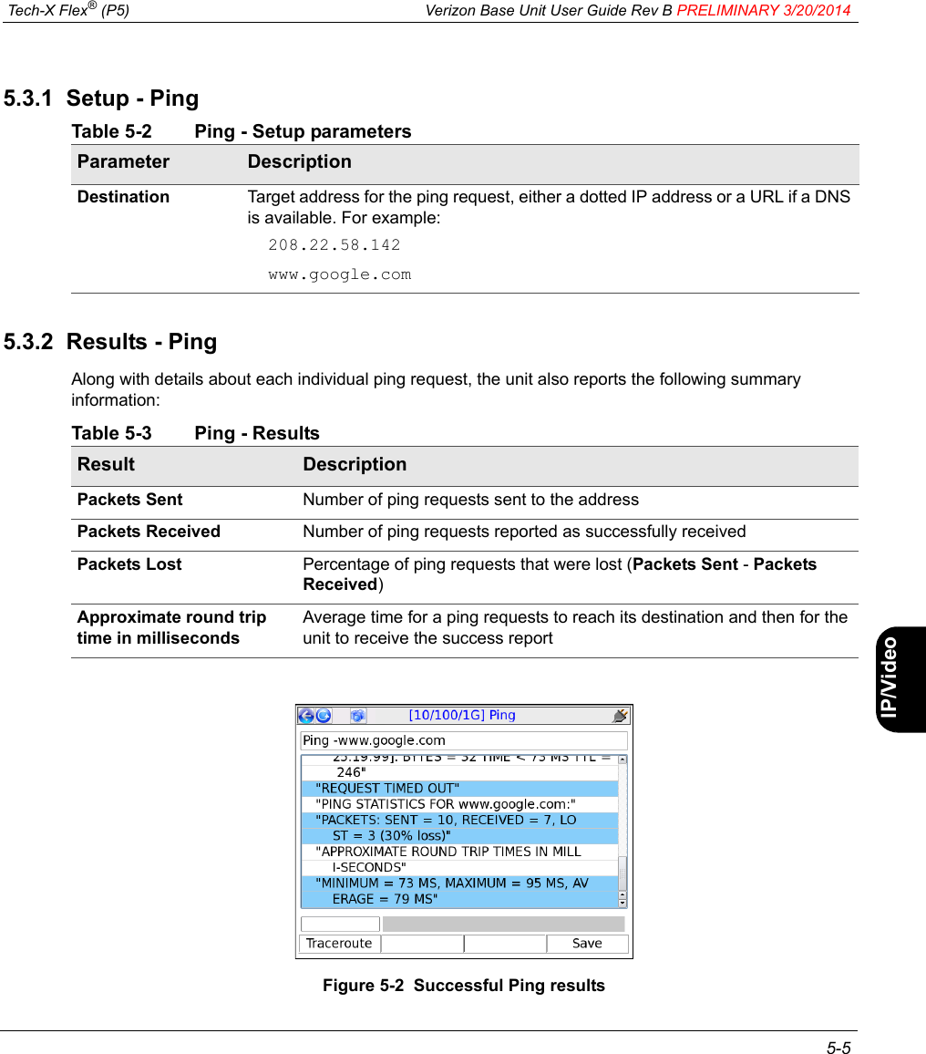  Tech-X Flex® (P5) Verizon Base Unit User Guide Rev B PRELIMINARY 3/20/2014 5-5IntroWi-Fi10/100SystemIP/VideoSpecs5.3.1  Setup - PingTable 5-2 Ping - Setup parameters5.3.2  Results - PingAlong with details about each individual ping request, the unit also reports the following summary information:Table 5-3 Ping - ResultsFigure 5-2  Successful Ping resultsParameter DescriptionDestination Target address for the ping request, either a dotted IP address or a URL if a DNS is available. For example:208.22.58.142www.google.comResult DescriptionPackets Sent Number of ping requests sent to the addressPackets Received Number of ping requests reported as successfully receivedPackets Lost Percentage of ping requests that were lost (Packets Sent - Packets Received)Approximate round trip time in millisecondsAverage time for a ping requests to reach its destination and then for the unit to receive the success report