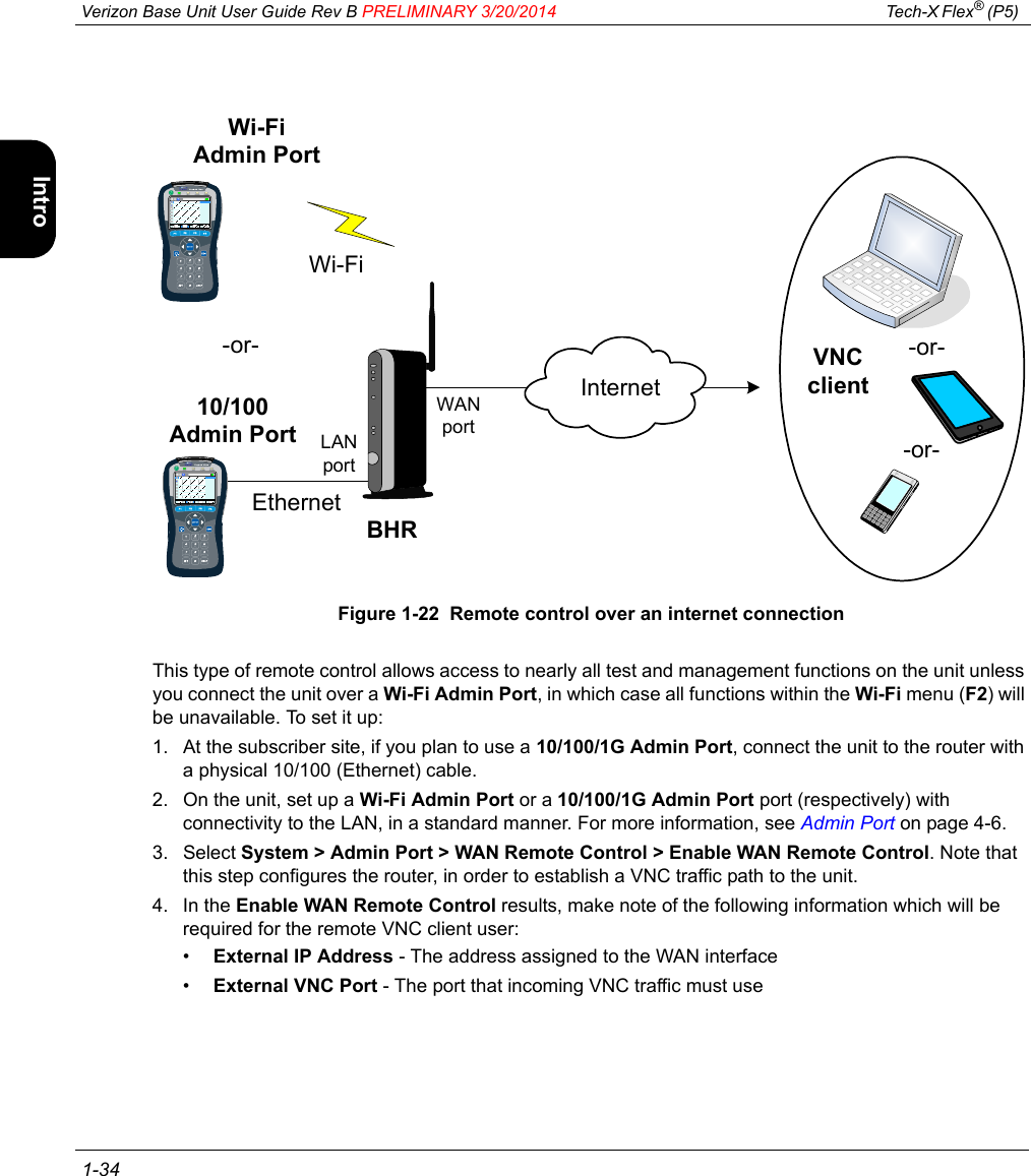  Verizon Base Unit User Guide Rev B PRELIMINARY 3/20/2014 Tech-X Flex® (P5)  1-34Intro Wi-Fi 10/100 System IP/Video SpecsFigure 1-22  Remote control over an internet connectionThis type of remote control allows access to nearly all test and management functions on the unit unless you connect the unit over a Wi-Fi Admin Port, in which case all functions within the Wi-Fi menu (F2) will be unavailable. To set it up:1. At the subscriber site, if you plan to use a 10/100/1G Admin Port, connect the unit to the router with a physical 10/100 (Ethernet) cable.2. On the unit, set up a Wi-Fi Admin Port or a 10/100/1G Admin Port port (respectively) with connectivity to the LAN, in a standard manner. For more information, see Admin Port on page 4-6.3. Select System &gt; Admin Port &gt; WAN Remote Control &gt; Enable WAN Remote Control. Note that this step configures the router, in order to establish a VNC traffic path to the unit.4. In the Enable WAN Remote Control results, make note of the following information which will be required for the remote VNC client user:•External IP Address - The address assigned to the WAN interface•External VNC Port - The port that incoming VNC traffic must use-or--or-VNC clientLAN portWAN portInternetBHRWi-Fi10/100Admin PortEthernetWi-FiAdmin Port-or-