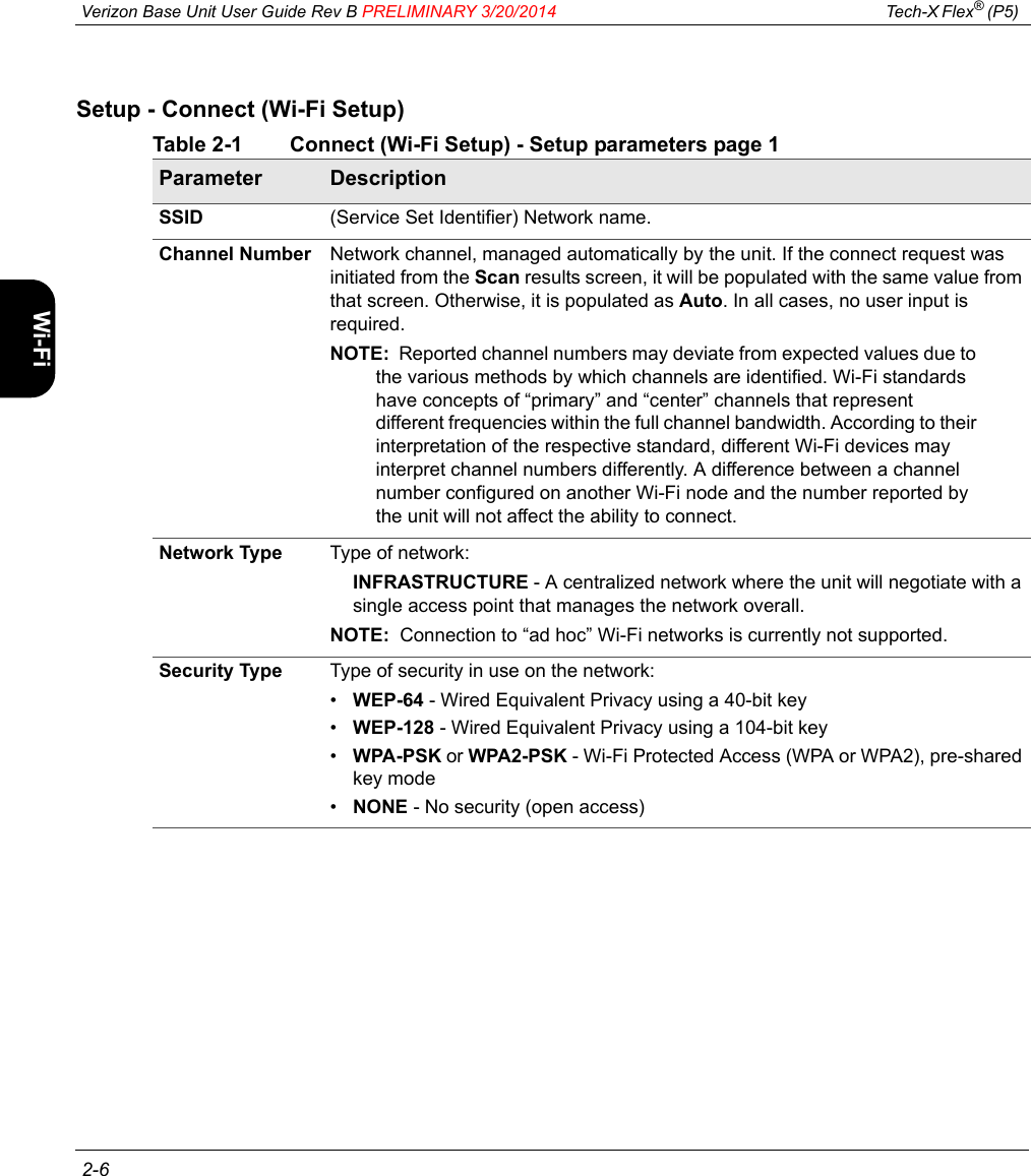  Verizon Base Unit User Guide Rev B PRELIMINARY 3/20/2014 Tech-X Flex® (P5)  2-6Intro Wi-Fi 10/100 System IP/Video SpecsSetup - Connect (Wi-Fi Setup)Table 2-1 Connect (Wi-Fi Setup) - Setup parameters page 1Parameter DescriptionSSID (Service Set Identifier) Network name.Channel Number Network channel, managed automatically by the unit. If the connect request was initiated from the Scan results screen, it will be populated with the same value from that screen. Otherwise, it is populated as Auto. In all cases, no user input is required.NOTE:  Reported channel numbers may deviate from expected values due to the various methods by which channels are identified. Wi-Fi standards have concepts of “primary” and “center” channels that represent different frequencies within the full channel bandwidth. According to their interpretation of the respective standard, different Wi-Fi devices may interpret channel numbers differently. A difference between a channel number configured on another Wi-Fi node and the number reported by the unit will not affect the ability to connect.Network Type Type of network:INFRASTRUCTURE - A centralized network where the unit will negotiate with a single access point that manages the network overall.NOTE:  Connection to “ad hoc” Wi-Fi networks is currently not supported.Security Type Type of security in use on the network:•WEP-64 - Wired Equivalent Privacy using a 40-bit key•WEP-128 - Wired Equivalent Privacy using a 104-bit key•WPA-PSK or WPA2-PSK - Wi-Fi Protected Access (WPA or WPA2), pre-shared key mode•NONE - No security (open access)