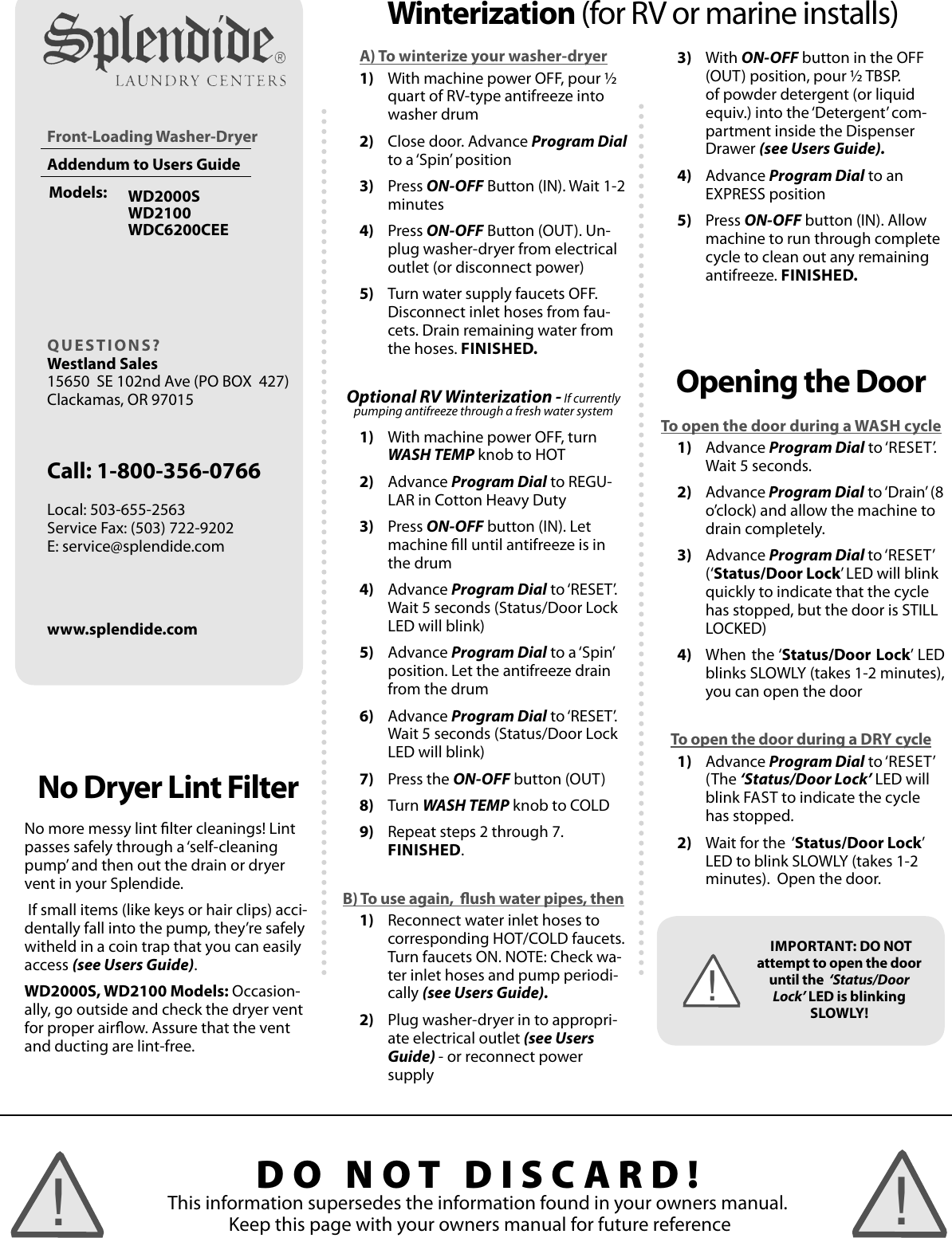 Splendide Wd 2000S Users Manual Spl_Winterize_QuickGuide