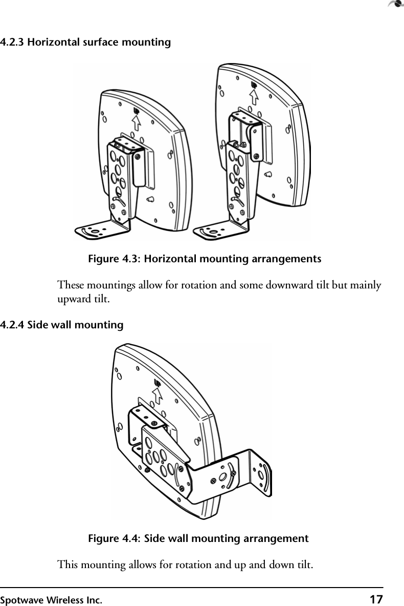Spotwave Wireless Inc. 174.2.3 Horizontal surface mountingFigure 4.3: Horizontal mounting arrangementsThese mountings allow for rotation and some downward tilt but mainly upward tilt.4.2.4 Side wall mountingFigure 4.4: Side wall mounting arrangementThis mounting allows for rotation and up and down tilt.