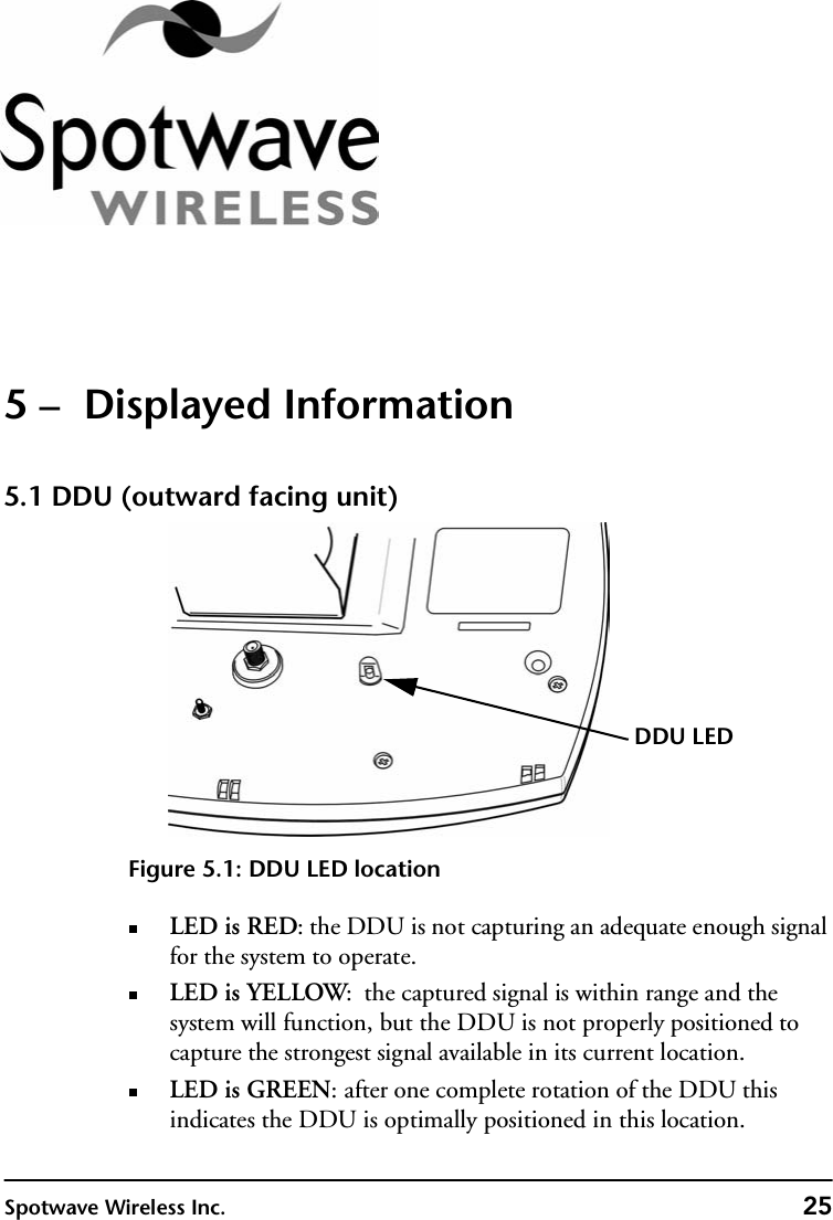 Spotwave Wireless Inc. 255 –  Displayed Information5.1 DDU (outward facing unit)Figure 5.1: DDU LED locationLED is RED: the DDU is not capturing an adequate enough signal for the system to operate. LED is YELLOW:  the captured signal is within range and the system will function, but the DDU is not properly positioned to capture the strongest signal available in its current location.LED is GREEN: after one complete rotation of the DDU this indicates the DDU is optimally positioned in this location.DDU LED