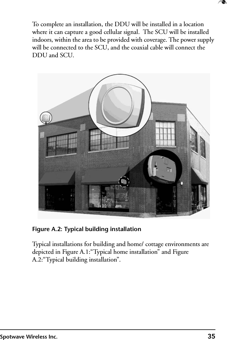 Spotwave Wireless Inc. 35To complete an installation, the DDU will be installed in a location where it can capture a good cellular signal.  The SCU will be installed indoors, within the area to be provided with coverage. The power supply will be connected to the SCU, and the coaxial cable will connect the DDU and SCU.Figure A.2: Typical building installationTypical installations for building and home/ cottage environments are depicted in Figure A.1:“Typical home installation” and Figure A.2:“Typical building installation”.