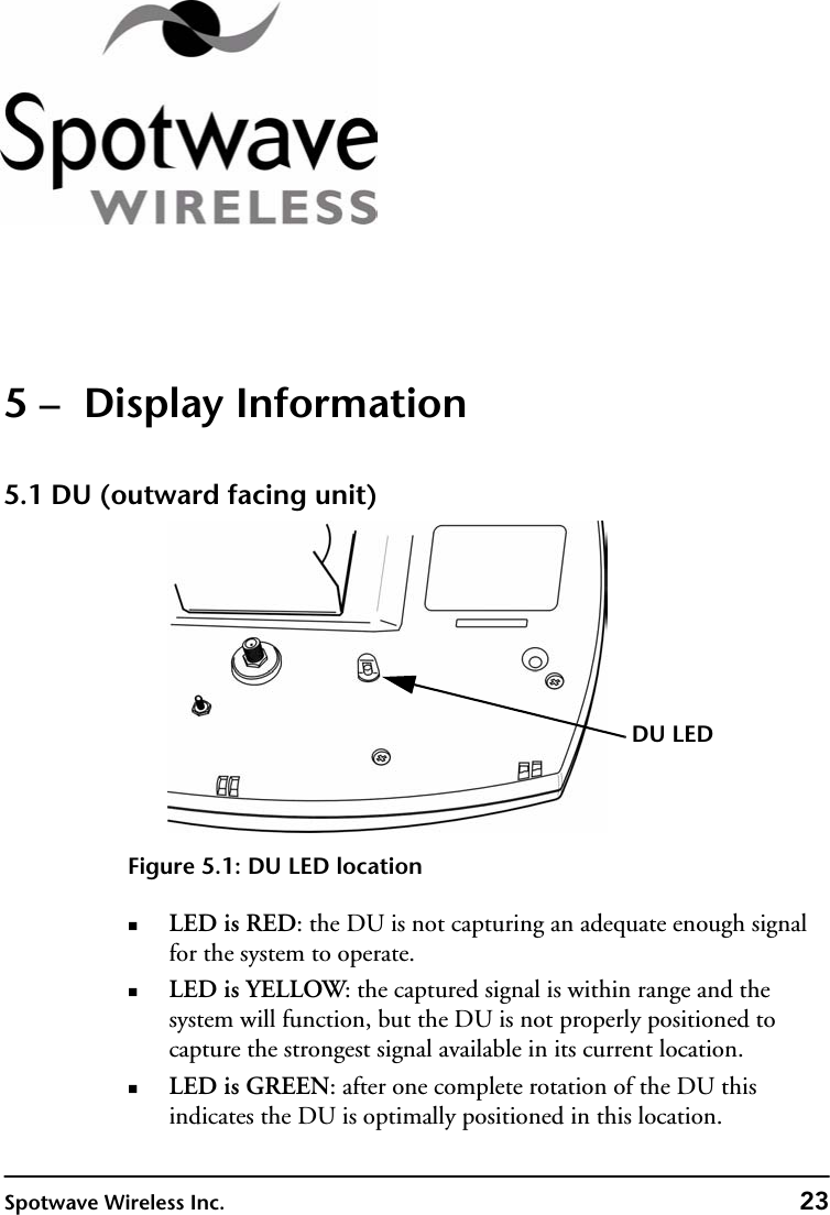 Spotwave Wireless Inc. 235 –  Display Information5.1 DU (outward facing unit)Figure 5.1: DU LED locationLED is RED: the DU is not capturing an adequate enough signal for the system to operate. LED is YELLOW: the captured signal is within range and the system will function, but the DU is not properly positioned to capture the strongest signal available in its current location.LED is GREEN: after one complete rotation of the DU this indicates the DU is optimally positioned in this location.DU LED