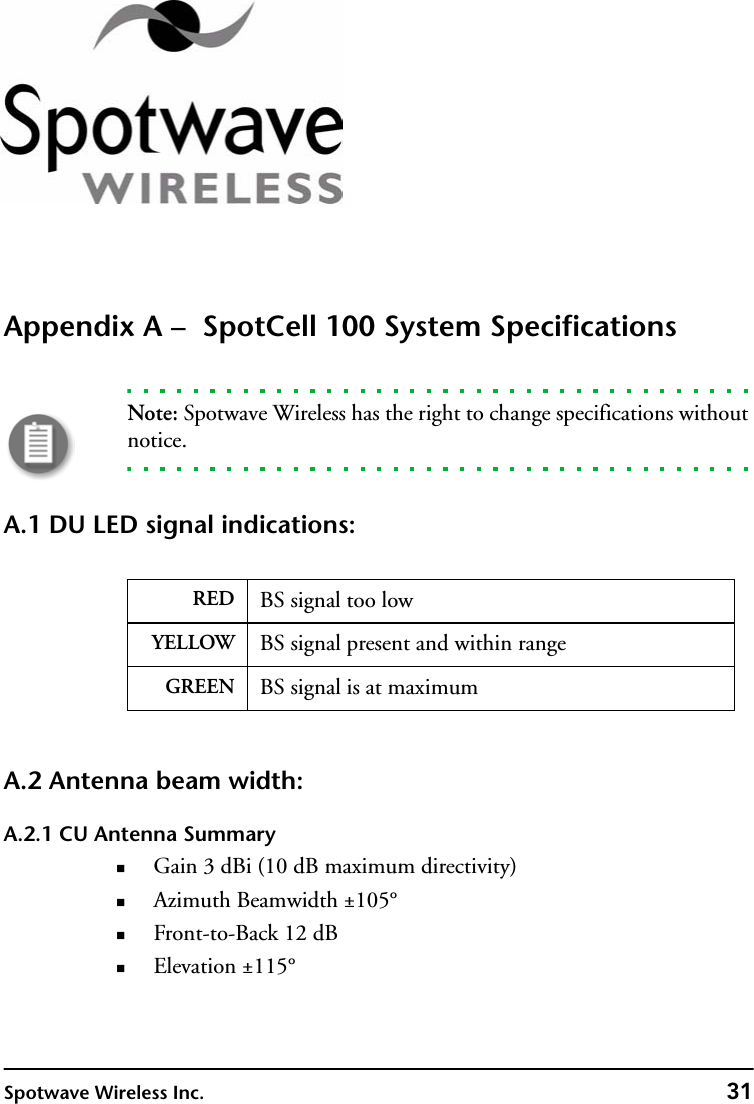 Spotwave Wireless Inc. 31Appendix A –  SpotCell 100 System SpecificationsNote: Spotwave Wireless has the right to change specifications without notice.A.1 DU LED signal indications:A.2 Antenna beam width:A.2.1 CU Antenna SummaryGain 3 dBi (10 dB maximum directivity)Azimuth Beamwidth ±105°Front-to-Back 12 dBElevation ±115°RED BS signal too lowYELLOW BS signal present and within rangeGREEN BS signal is at maximum