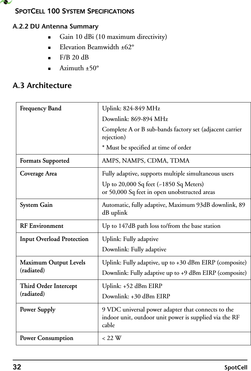 SPOTCELL 100 SYSTEM SPECIFICATIONS32 SpotCellA.2.2 DU Antenna SummaryGain 10 dBi (10 maximum directivity)Elevation Beamwidth ±62°F/B 20 dBAzimuth ±50°A.3 ArchitectureFrequency Band Uplink: 824-849 MHzDownlink: 869-894 MHzComplete A or B sub-bands factory set (adjacent carrier rejection)* Must be specified at time of orderFormats Supported AMPS, NAMPS, CDMA, TDMACoverage Area Fully adaptive, supports multiple simultaneous usersUp to 20,000 Sq feet (~1850 Sq Meters)or 50,000 Sq feet in open unobstructed areasSystem Gain Automatic, fully adaptive, Maximum 93dB downlink, 89 dB uplinkRF Environment Up to 147dB path loss to/from the base stationInput Overload Protection Uplink: Fully adaptiveDownlink: Fully adaptiveMaximum Output Levels (radiated)Uplink: Fully adaptive, up to +30 dBm EIRP (composite)Downlink: Fully adaptive up to +9 dBm EIRP (composite)Third Order Intercept (radiated)Uplink: +52 dBm EIRPDownlink: +30 dBm EIRPPower Supply 9 VDC universal power adapter that connects to the indoor unit, outdoor unit power is supplied via the RF cablePower Consumption &lt; 22 W