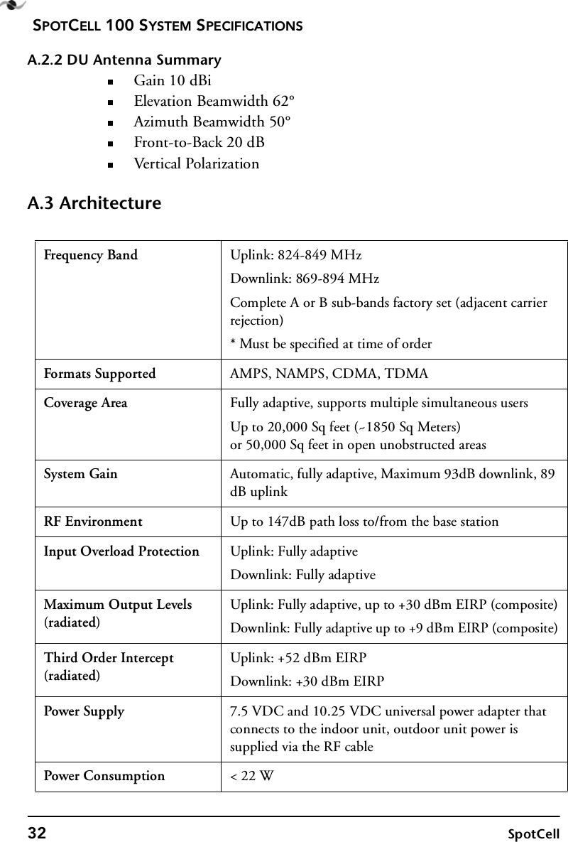 SPOTCELL 100 SYSTEM SPECIFICATIONS32 SpotCellA.2.2 DU Antenna SummaryGain 10 dBiElevation Beamwidth 62°Azimuth Beamwidth 50°Front-to-Back 20 dBVer ti cal  Pola rizatio nA.3 ArchitectureFrequency Band Uplink: 824-849 MHzDownlink: 869-894 MHzComplete A or B sub-bands factory set (adjacent carrier rejection)* Must be specified at time of orderFormats Supported AMPS, NAMPS, CDMA, TDMACoverage Area Fully adaptive, supports multiple simultaneous usersUp to 20,000 Sq feet (~1850 Sq Meters)or 50,000 Sq feet in open unobstructed areasSystem Gain Automatic, fully adaptive, Maximum 93dB downlink, 89 dB uplinkRF Environment Up to 147dB path loss to/from the base stationInput Overload Protection Uplink: Fully adaptiveDownlink: Fully adaptiveMaximum Output Levels (radiated)Uplink: Fully adaptive, up to +30 dBm EIRP (composite)Downlink: Fully adaptive up to +9 dBm EIRP (composite)Third Order Intercept (radiated)Uplink: +52 dBm EIRPDownlink: +30 dBm EIRPPower Supply 7.5 VDC and 10.25 VDC universal power adapter that connects to the indoor unit, outdoor unit power is supplied via the RF cablePower Consumption &lt; 22 W