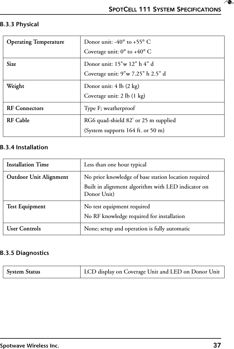 SPOTCELL 111 SYSTEM SPECIFICATIONSSpotwave Wireless Inc. 37B.3.3 PhysicalB.3.4 InstallationB.3.5 DiagnosticsOperating Temperature Donor unit: -40° to +55° CCoverage unit: 0° to +40° CSize Donor unit: 15&quot;w 12&quot; h 4&quot; dCoverage unit: 9&quot;w 7.25&quot; h 2.5&quot; dWeight  Donor unit: 4 lb (2 kg)Coverage unit: 2 lb (1 kg)RF Connectors Type F; weatherproofRF Cable RG6 quad-shield 82’ or 25 m supplied(System supports 164 ft. or 50 m) Installation Time Less than one hour typicalOutdoor Unit Alignment No prior knowledge of base station location requiredBuilt in alignment algorithm with LED indicator on Donor Unit)Te s t E q u ip m e n t No test equipment requiredNo RF knowledge required for installationUser Controls None; setup and operation is fully automaticSystem Status LCD display on Coverage Unit and LED on Donor Unit