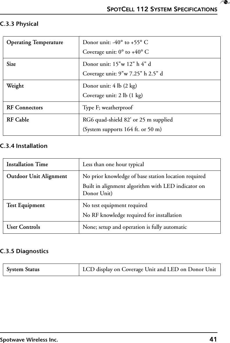 SPOTCELL 112 SYSTEM SPECIFICATIONSSpotwave Wireless Inc. 41C.3.3 PhysicalC.3.4 InstallationC.3.5 DiagnosticsOperating Temperature Donor unit: -40° to +55° CCoverage unit: 0° to +40° CSize Donor unit: 15&quot;w 12&quot; h 4&quot; dCoverage unit: 9&quot;w 7.25&quot; h 2.5&quot; dWeight  Donor unit: 4 lb (2 kg)Coverage unit: 2 lb (1 kg)RF Connectors Type F; weatherproofRF Cable RG6 quad-shield 82’ or 25 m supplied(System supports 164 ft. or 50 m) Installation Time Less than one hour typicalOutdoor Unit Alignment No prior knowledge of base station location requiredBuilt in alignment algorithm with LED indicator on Donor Unit)Te s t E q u ip m e n t No test equipment requiredNo RF knowledge required for installationUser Controls None; setup and operation is fully automaticSystem Status LCD display on Coverage Unit and LED on Donor Unit