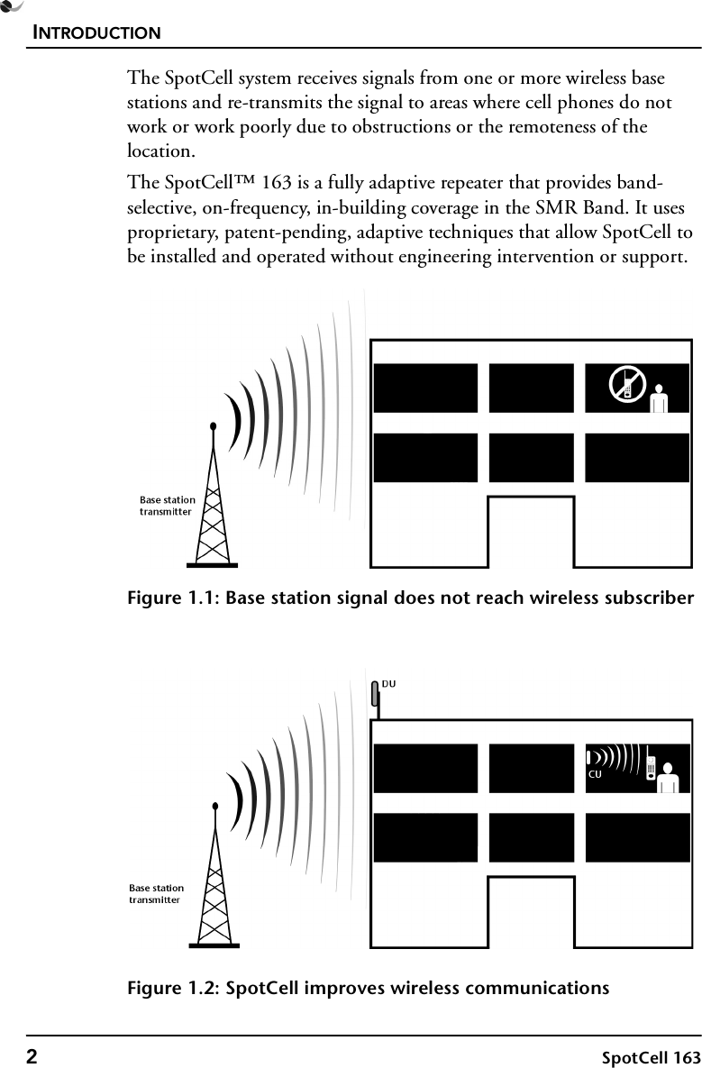 INTRODUCTION2SpotCell 163The SpotCell system receives signals from one or more wireless base stations and re-transmits the signal to areas where cell phones do not work or work poorly due to obstructions or the remoteness of the location.The SpotCell™ 163 is a fully adaptive repeater that provides band-selective, on-frequency, in-building coverage in the SMR Band. It uses proprietary, patent-pending, adaptive techniques that allow SpotCell to be installed and operated without engineering intervention or support.Figure 1.1: Base station signal does not reach wireless subscriberFigure 1.2: SpotCell improves wireless communications