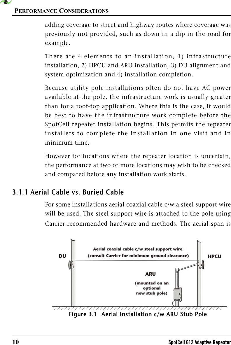 PERFORMANCE CONSIDERATIONS10 SpotCell 612 Adaptive Repeateradding coverage to street and highway routes where coverage waspreviously not provided, such as down in a dip in the road forexample. There are 4 elements to an installation, 1) infrastructureinstallation, 2) HPCU and ARU installation, 3) DU alignment andsystem optimization and 4) installation completion. Because utility pole installations often do not have AC poweravailable at the pole, the infrastructure work is usually greaterthan for a roof-top application. Where this is the case, it wouldbe best to have the infrastructure work complete before theSpotCell repeater installation begins. This permits the repeaterinstallers to complete the installation in one visit and inminimum time. However for locations where the repeater location is uncertain,the performance at two or more locations may wish to be checkedand compared before any installation work starts. 3.1.1 Aerial Cable vs. Buried CableFor some installations aerial coaxial cable c/w a steel support wirewill be used. The steel support wire is attached to the pole usingCarrier recommended hardware and methods. The aerial span isFigure 3.1  Aerial Installation c/w ARU Stub Pole