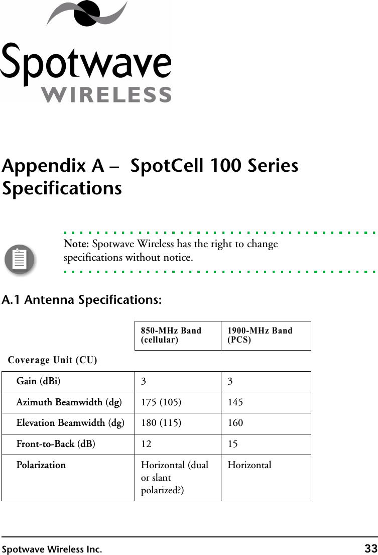 Spotwave Wireless Inc. 33Appendix A –  SpotCell 100 Series SpecificationsNote: Spotwave Wireless has the right to change specifications without notice.A.1 Antenna Specifications:850-MHz Band(cellular)1900-MHz Band(PCS)Coverage Unit (CU)Gain (dBi) 33Azimuth Beamwidth (dg) 175 (105) 145Elevation Beamwidth (dg) 180 (115) 160Front-to-Back (dB) 12 15Polarization Horizontal (dual or slant polarized?)Horizontal    