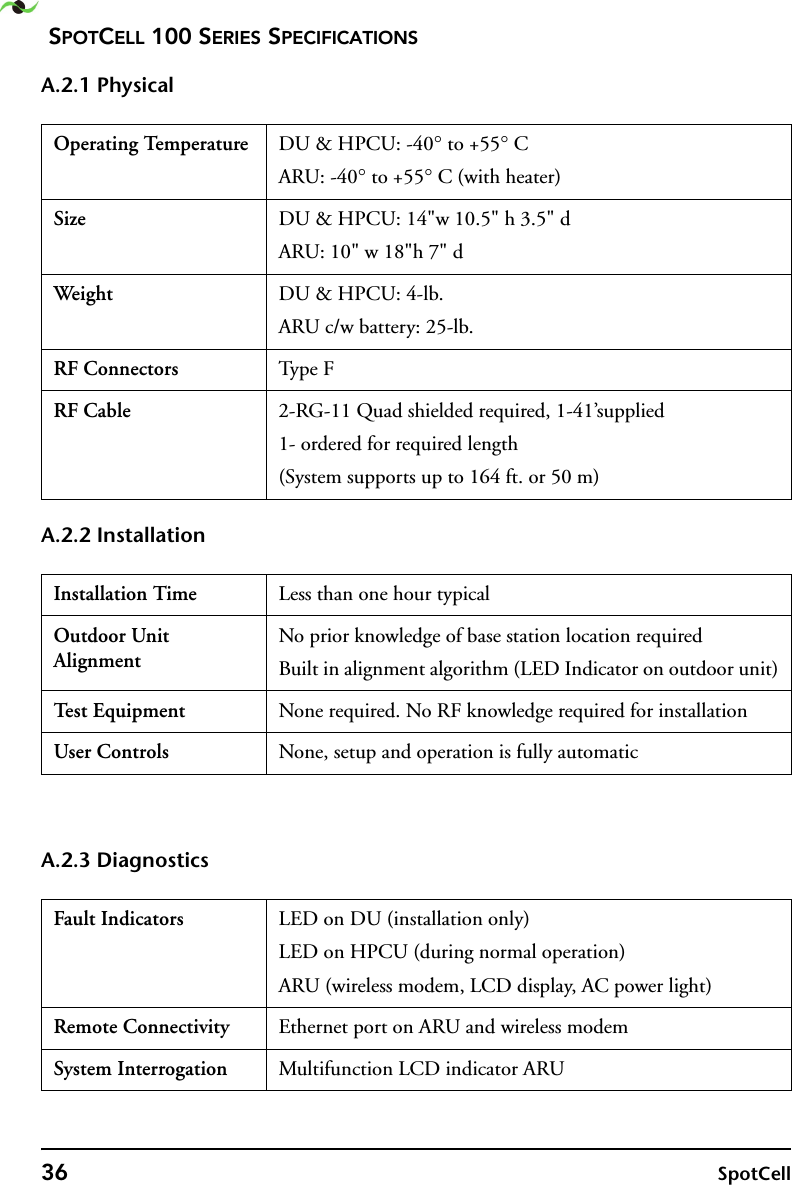 SPOTCELL 100 SERIES SPECIFICATIONS36 SpotCell A.2.1 Physical A.2.2 Installation A.2.3 DiagnosticsOperating Temperature DU &amp; HPCU: -40° to +55° CARU: -40° to +55° C (with heater)Size DU &amp; HPCU: 14&quot;w 10.5&quot; h 3.5&quot; dARU: 10&quot; w 18&quot;h 7&quot; dWeight  DU &amp; HPCU: 4-lb.ARU c/w battery: 25-lb. RF Connectors Typ e  FRF Cable 2-RG-11 Quad shielded required, 1-41’supplied1- ordered for required length(System supports up to 164 ft. or 50 m) Installation Time Less than one hour typicalOutdoor Unit AlignmentNo prior knowledge of base station location requiredBuilt in alignment algorithm (LED Indicator on outdoor unit)Te s t  E q u i p m e n t None required. No RF knowledge required for installationUser Controls None, setup and operation is fully automaticFault Indicators LED on DU (installation only)LED on HPCU (during normal operation)ARU (wireless modem, LCD display, AC power light)Remote Connectivity Ethernet port on ARU and wireless modemSystem Interrogation Multifunction LCD indicator ARU