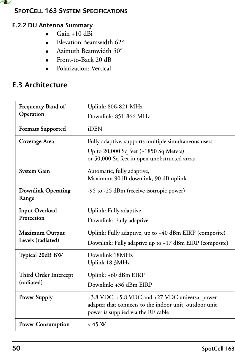 SPOTCELL 163 SYSTEM SPECIFICATIONS50 SpotCell 163 E.2.2 DU Antenna SummaryGain +10 dBiElevation Beamwidth 62°Azimuth Beamwidth 50°Front-to-Back 20 dBPolarization: VerticalE.3 ArchitectureFrequency Band of OperationUplink: 806-821 MHzDownlink: 851-866 MHzFormats Supported iDENCoverage Area Fully adaptive, supports multiple simultaneous usersUp to 20,000 Sq feet (~1850 Sq Meters) or 50,000 Sq feet in open unobstructed areasSystem Gain Automatic, fully adaptive, Maximum 90dB downlink, 90 dB uplinkDownlink Operating Range-95 to -25 dBm (receive isotropic power)Input Overload ProtectionUplink: Fully adaptiveDownlink: Fully adaptiveMaximum Output Levels (radiated)Uplink: Fully adaptive, up to +40 dBm EIRP (composite)Downlink: Fully adaptive up to +17 dBm EIRP (composite)Typical 20dB BW  Downlink 18MHz Uplink 18.3MHzThird Order Intercept (radiated)Uplink: +60 dBm EIRPDownlink: +36 dBm EIRPPower Supply +3.8 VDC, +5.8 VDC and +27 VDC universal power adapter that connects to the indoor unit, outdoor unit power is supplied via the RF cablePower Consumption &lt; 45 W