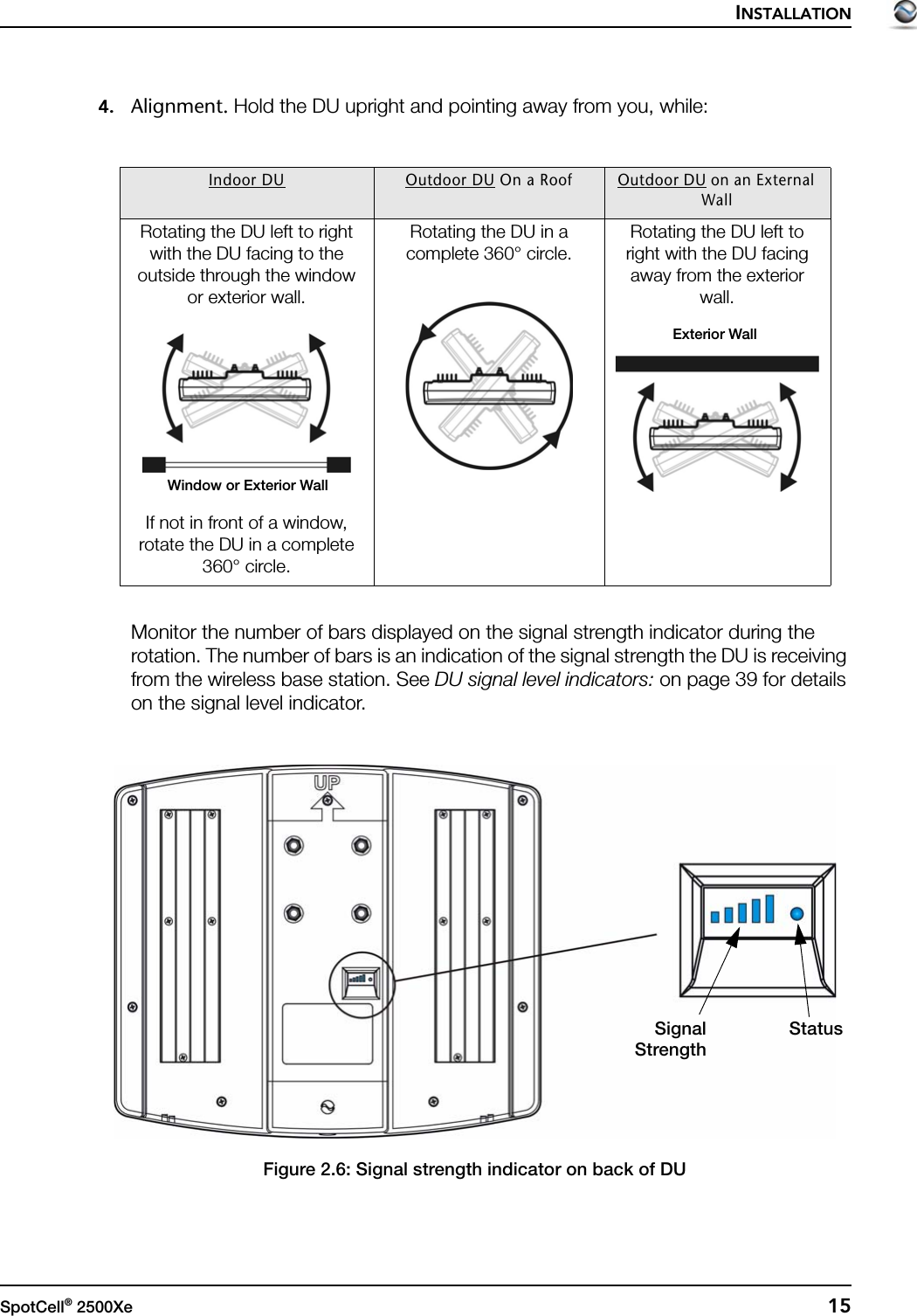 INSTALLATIONSpotCell® 2500Xe  154. Alignment. Hold the DU upright and pointing away from you, while:Monitor the number of bars displayed on the signal strength indicator during the rotation. The number of bars is an indication of the signal strength the DU is receiving from the wireless base station. See DU signal level indicators: on page 39 for details on the signal level indicator. Figure 2.6: Signal strength indicator on back of DUIndoor DU Outdoor DU On a Roof Outdoor DU on an External WallRotating the DU left to right with the DU facing to the outside through the window or exterior wall.If not in front of a window, rotate the DU in a complete 360° circle.Rotating the DU in a complete 360° circle.  Rotating the DU left to right with the DU facing away from the exterior wall.Window or Exterior WallExterior WallSignalStrengthStatus