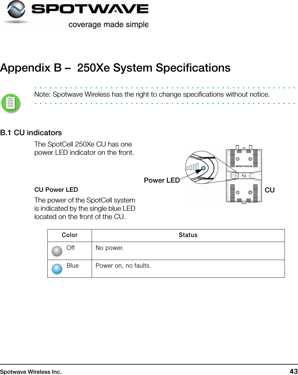 Spotwave Wireless Inc. 43Appendix B –  250Xe System SpecificationsNote: Spotwave Wireless has the right to change specifications without notice.B.1 CU indicatorsThe SpotCell 250Xe CU has one power LED indicator on the front.CU Power LEDThe power of the SpotCell system is indicated by the single blue LED located on the front of the CU. Color StatusOff No power.Blue Power on, no faults.CUPower LED 