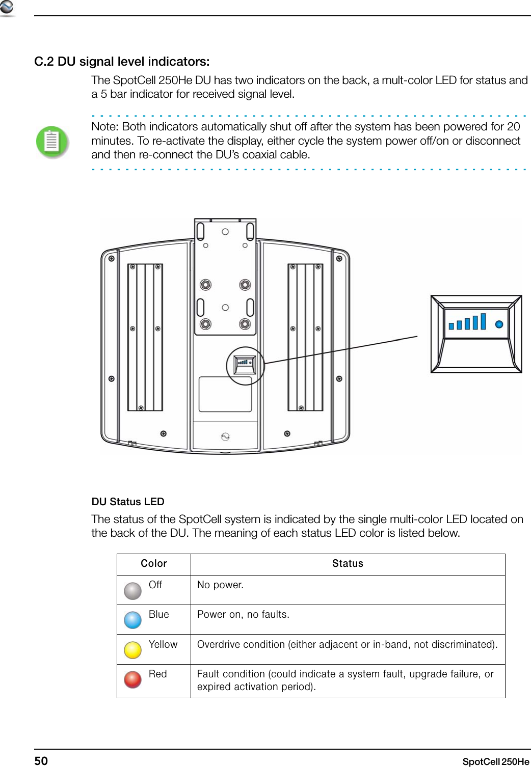 50 SpotCell 250He C.2 DU signal level indicators:The SpotCell 250He DU has two indicators on the back, a mult-color LED for status and a 5 bar indicator for received signal level.Note: Both indicators automatically shut off after the system has been powered for 20 minutes. To re-activate the display, either cycle the system power off/on or disconnect and then re-connect the DU’s coaxial cable. DU Status LEDThe status of the SpotCell system is indicated by the single multi-color LED located on the back of the DU. The meaning of each status LED color is listed below. Color StatusOff No power.Blue Power on, no faults.YellowOverdrive condition (either adjacent or in-band, not discriminated).Red Fault condition (could indicate a system fault, upgrade failure, or expired activation period).