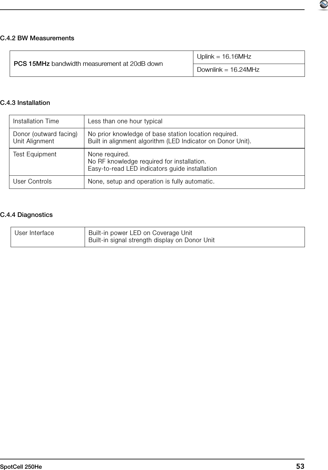 SpotCell 250He  53C.4.2 BW MeasurementsC.4.3 InstallationC.4.4 DiagnosticsPCS 15MHz bandwidth measurement at 20dB downUplink = 16.16MHzDownlink = 16.24MHzInstallation Time Less than one hour typicalDonor (outward facing) Unit AlignmentNo prior knowledge of base station location required.Built in alignment algorithm (LED Indicator on Donor Unit).Test Equipment None required.No RF knowledge required for installation.Easy-to-read LED indicators guide installationUser Controls None, setup and operation is fully automatic.User Interface Built-in power LED on Coverage UnitBuilt-in signal strength display on Donor Unit