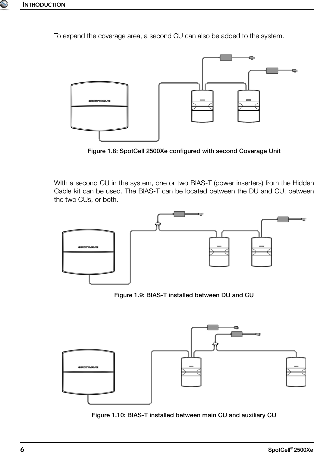 INTRODUCTION6SpotCell® 2500Xe To expand the coverage area, a second CU can also be added to the system.Figure 1.8: SpotCell 2500Xe configured with second Coverage UnitWIth a second CU in the system, one or two BIAS-T (power inserters) from the HiddenCable kit can be used. The BIAS-T can be located between the DU and CU, betweenthe two CUs, or both.Figure 1.9: BIAS-T installed between DU and CUFigure 1.10: BIAS-T installed between main CU and auxiliary CU