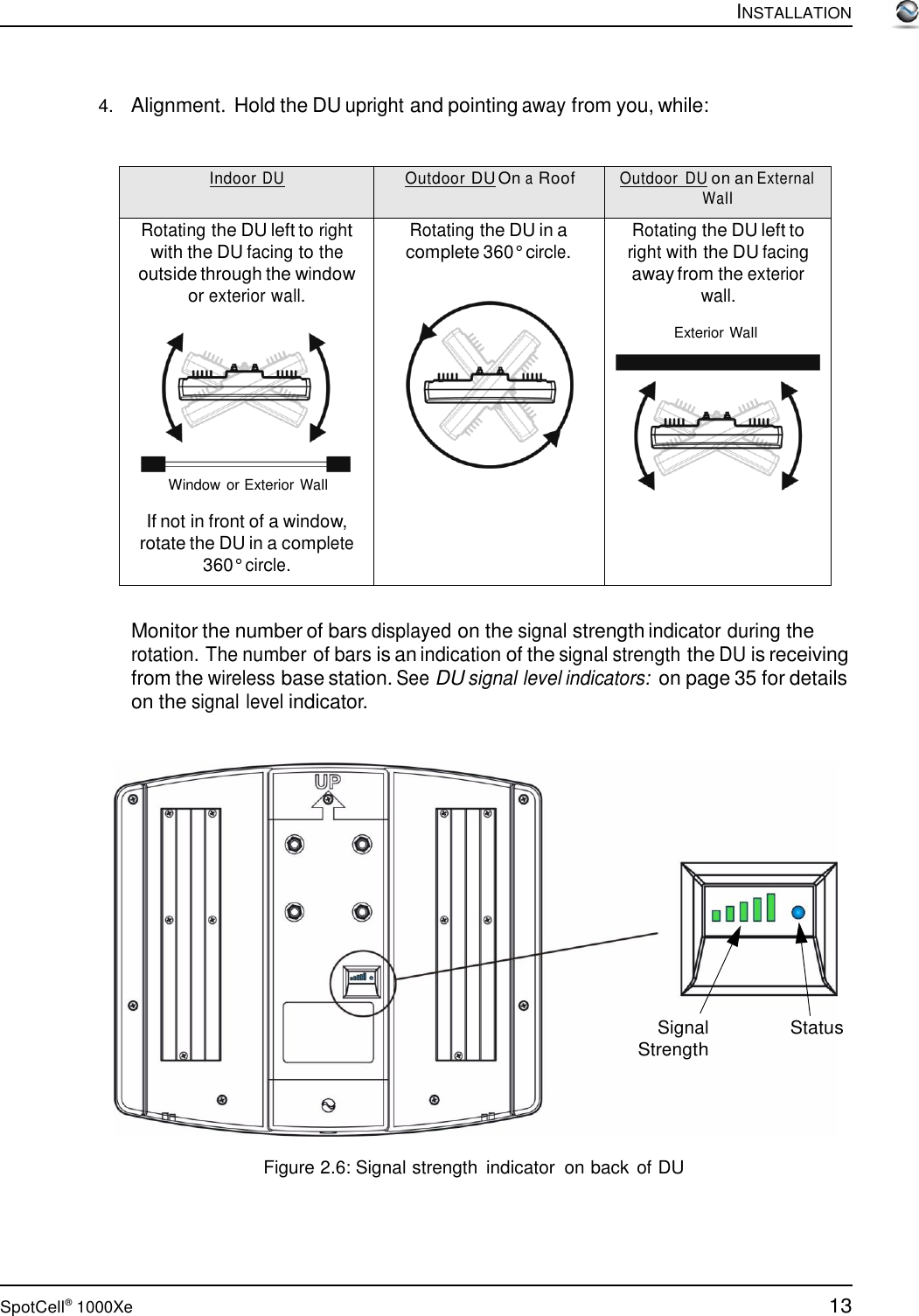 13 SpotCell®  1000Xe        4.   Alignment. Hold the DU upright and pointing away from you, while:  INSTALLATION    Indoor DU Outdoor DU On a Roof Outdoor  DU on an External Wall Rotating the DU left to right with the DU facing to the outside through the window or exterior wall.   Window or Exterior Wall  If not in front of a window, rotate the DU in a complete 360° circle. Rotating the DU in a complete 360° circle. Rotating the DU left to right with the DU facing away from the exterior wall.  Exterior Wall   Monitor the number of bars displayed on the signal strength indicator during the rotation. The number of bars is an indication of the signal strength the DU is receiving from the wireless base station. See DU signal level indicators: on page 35 for details on the signal level indicator.                 Signal Strength Status      Figure 2.6: Signal strength  indicator  on back of DU 