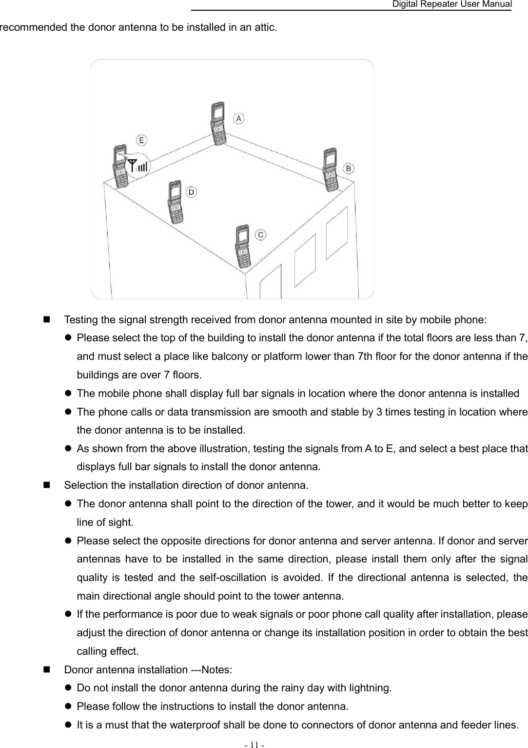    Digital Repeater User Manual  - 11 -   recommended the donor antenna to be installed in an attic.                Testing the signal strength received from donor antenna mounted in site by mobile phone:   Please select the top of the building to install the donor antenna if the total floors are less than 7, and must select a place like balcony or platform lower than 7th floor for the donor antenna if the buildings are over 7 floors.   The mobile phone shall display full bar signals in location where the donor antenna is installed   The phone calls or data transmission are smooth and stable by 3 times testing in location where the donor antenna is to be installed.   As shown from the above illustration, testing the signals from A to E, and select a best place that displays full bar signals to install the donor antenna.   Selection the installation direction of donor antenna.   The donor antenna shall point to the direction of the tower, and it would be much better to keep line of sight.   Please select the opposite directions for donor antenna and server antenna. If donor and server antennas  have  to  be  installed  in  the  same direction, please  install  them  only  after the  signal quality  is  tested  and  the self-oscillation  is  avoided.  If  the  directional  antenna  is  selected,  the main directional angle should point to the tower antenna.   If the performance is poor due to weak signals or poor phone call quality after installation, please adjust the direction of donor antenna or change its installation position in order to obtain the best calling effect.   Donor antenna installation ---Notes:   Do not install the donor antenna during the rainy day with lightning.   Please follow the instructions to install the donor antenna.   It is a must that the waterproof shall be done to connectors of donor antenna and feeder lines. 