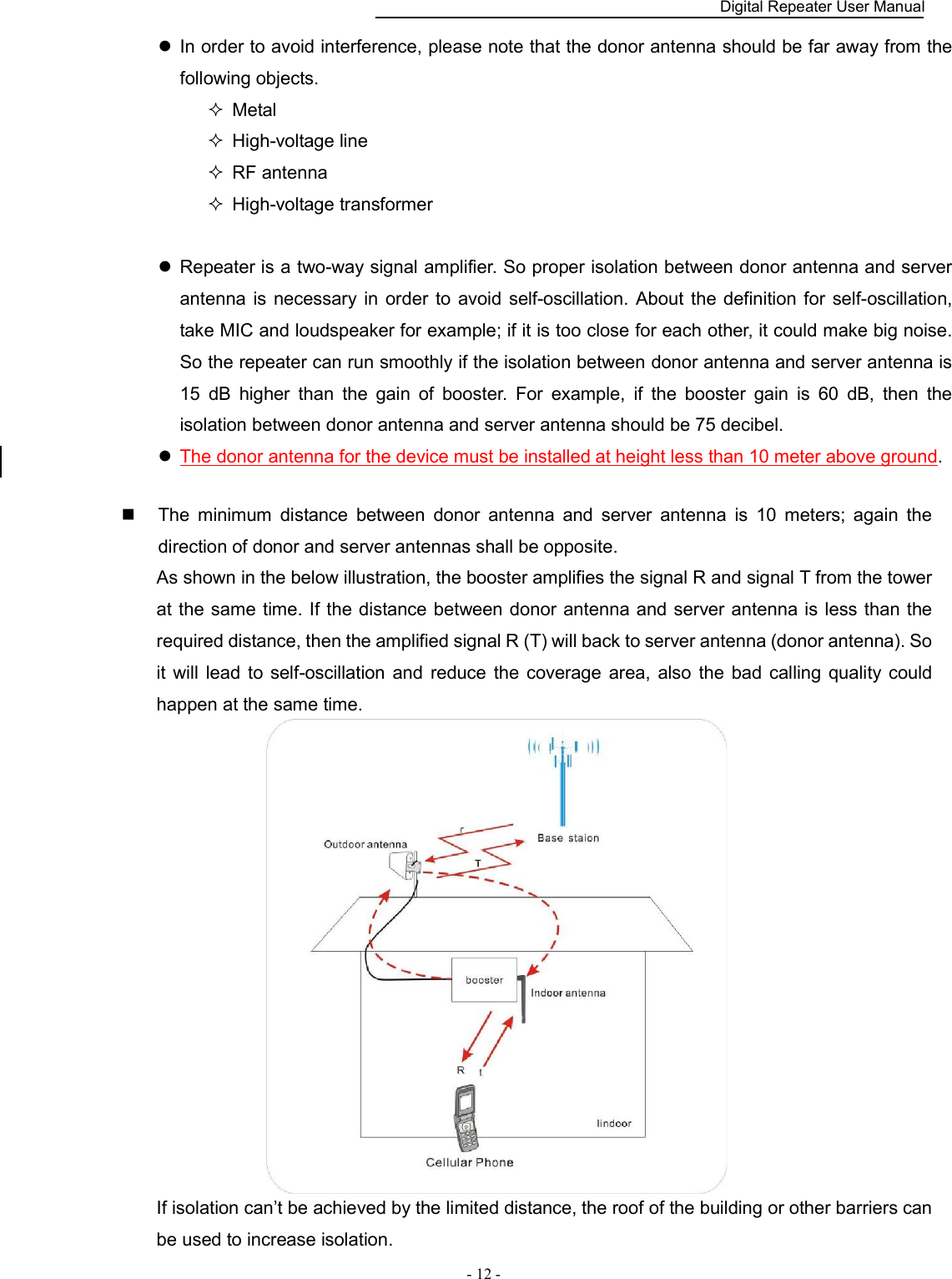    Digital Repeater User Manual  - 12 -     In order to avoid interference, please note that the donor antenna should be far away from the following objects.   Metal   High-voltage line   RF antenna   High-voltage transformer                     Repeater is a two-way signal amplifier. So proper isolation between donor antenna and server antenna is necessary  in  order  to  avoid self-oscillation. About the  definition for self-oscillation, take MIC and loudspeaker for example; if it is too close for each other, it could make big noise. So the repeater can run smoothly if the isolation between donor antenna and server antenna is 15  dB  higher  than  the  gain  of  booster.  For  example,  if  the  booster  gain  is  60  dB,  then  the isolation between donor antenna and server antenna should be 75 decibel.  The donor antenna for the device must be installed at height less than 10 meter above ground.    The  minimum  distance  between  donor  antenna  and  server  antenna  is  10  meters;  again  the direction of donor and server antennas shall be opposite. As shown in the below illustration, the booster amplifies the signal R and signal T from the tower at the same time. If the distance  between donor antenna and server antenna is less than the required distance, then the amplified signal R (T) will back to server antenna (donor antenna). So it  will  lead  to  self-oscillation and reduce the coverage  area, also  the  bad  calling quality could happen at the same time.                  If isolation can’t be achieved by the limited distance, the roof of the building or other barriers can be used to increase isolation.   