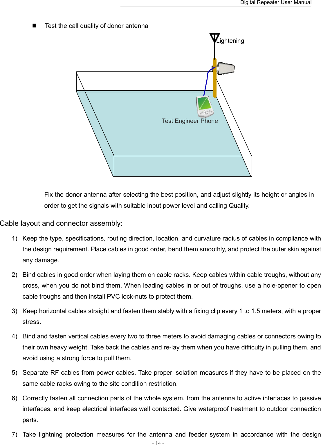    Digital Repeater User Manual  - 14 -      Test the call quality of donor antenna                         Fix the donor antenna after selecting the best position, and adjust slightly its height or angles in order to get the signals with suitable input power level and calling Quality. Cable layout and connector assembly: 1)   Keep the type, specifications, routing direction, location, and curvature radius of cables in compliance with the design requirement. Place cables in good order, bend them smoothly, and protect the outer skin against any damage. 2)   Bind cables in good order when laying them on cable racks. Keep cables within cable troughs, without any cross, when you do not bind them. When leading cables in or out of troughs, use a hole-opener to open cable troughs and then install PVC lock-nuts to protect them.   3)   Keep horizontal cables straight and fasten them stably with a fixing clip every 1 to 1.5 meters, with a proper stress. 4)   Bind and fasten vertical cables every two to three meters to avoid damaging cables or connectors owing to their own heavy weight. Take back the cables and re-lay them when you have difficulty in pulling them, and avoid using a strong force to pull them. 5)   Separate RF cables from power cables. Take proper isolation measures if they have to be placed on the same cable racks owing to the site condition restriction. 6)   Correctly fasten all connection parts of the whole system, from the antenna to active interfaces to passive interfaces, and keep electrical interfaces well contacted. Give waterproof treatment to outdoor connection parts. 7)   Take  lightning  protection  measures  for  the antenna  and  feeder  system  in  accordance  with  the  design Lightening Test Engineer Phone 