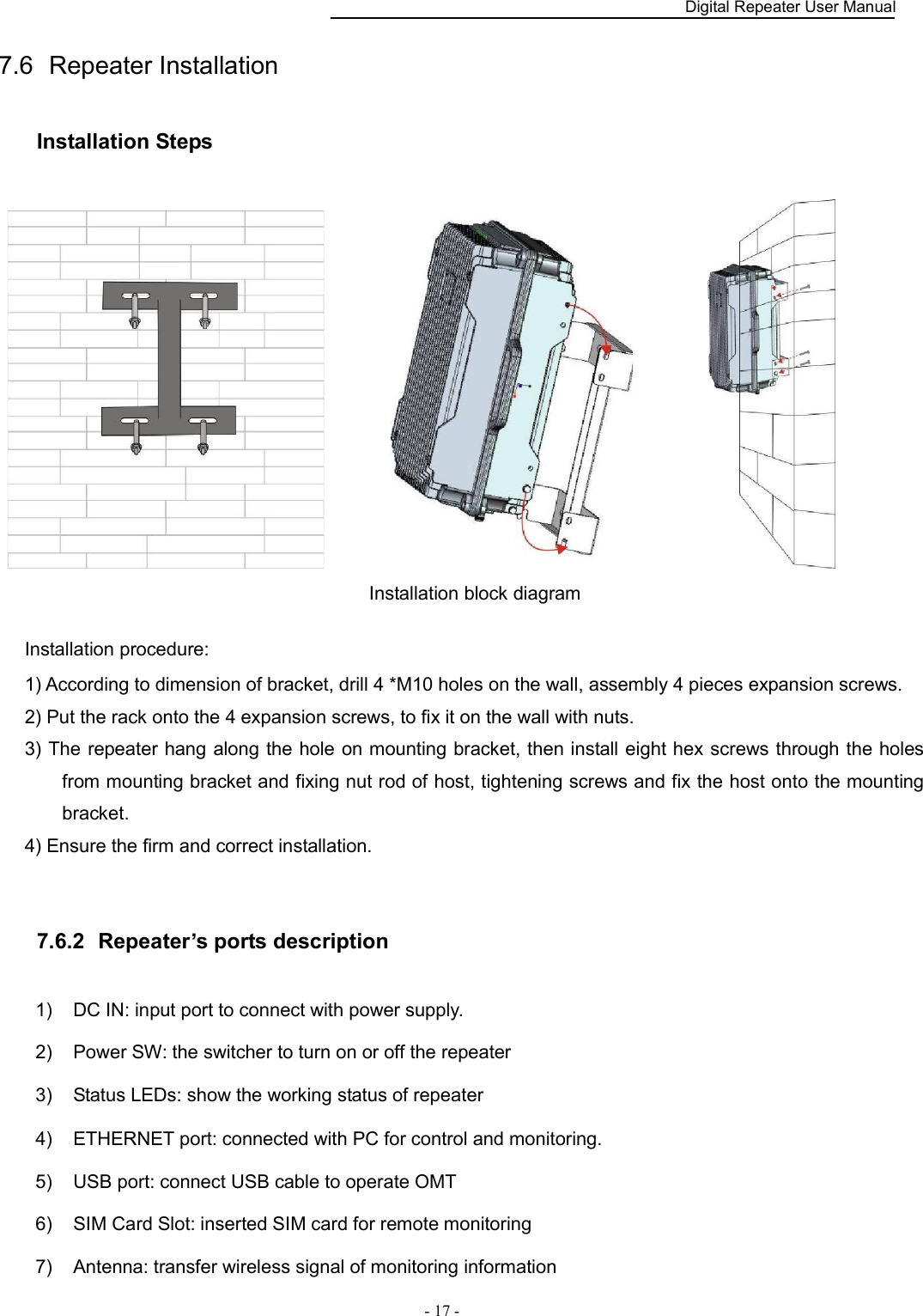    Digital Repeater User Manual  - 17 -   7.6  Repeater Installation Installation Steps                        Installation block diagram  Installation procedure: 1) According to dimension of bracket, drill 4 *M10 holes on the wall, assembly 4 pieces expansion screws. 2) Put the rack onto the 4 expansion screws, to fix it on the wall with nuts. 3) The repeater hang along the hole on mounting bracket, then install eight hex screws through the holes from mounting bracket and fixing nut rod of host, tightening screws and fix the host onto the mounting bracket. 4) Ensure the firm and correct installation.  7.6.2   Repeater’s ports description 1)  DC IN: input port to connect with power supply. 2)  Power SW: the switcher to turn on or off the repeater 3)  Status LEDs: show the working status of repeater 4)  ETHERNET port: connected with PC for control and monitoring. 5)  USB port: connect USB cable to operate OMT   6)  SIM Card Slot: inserted SIM card for remote monitoring 7)  Antenna: transfer wireless signal of monitoring information 