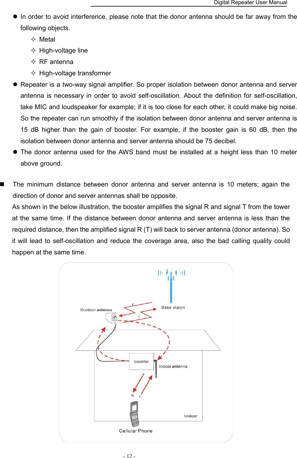    Digital Repeater User Manual  - 12 -     In order to avoid interference, please note that the donor antenna should be far away from the following objects.   Metal   High-voltage line   RF antenna   High-voltage transformer   Repeater is a two-way signal amplifier. So proper isolation between donor antenna and server antenna is necessary  in  order  to  avoid self-oscillation. About the  definition for  self-oscillation, take MIC and loudspeaker for example; if it is too close for each other, it could make big noise. So the repeater can run smoothly if the isolation between donor antenna and server antenna is 15  dB  higher  than  the  gain  of  booster.  For  example,  if  the  booster  gain  is  60  dB,  then  the isolation between donor antenna and server antenna should be 75 decibel.   The  donor  antenna used for  the AWS  band must be installed  at  a  height less than 10  meter above ground.    The  minimum  distance  between  donor  antenna  and  server  antenna  is  10  meters;  again  the direction of donor and server antennas shall be opposite. As shown in the below illustration, the booster amplifies the signal R and signal T from the tower at the same time. If the distance between donor antenna and server antenna is  less than the required distance, then the amplified signal R (T) will back to server antenna (donor antenna). So it  will  lead  to  self-oscillation and reduce the coverage  area, also the bad calling quality could happen at the same time.                    